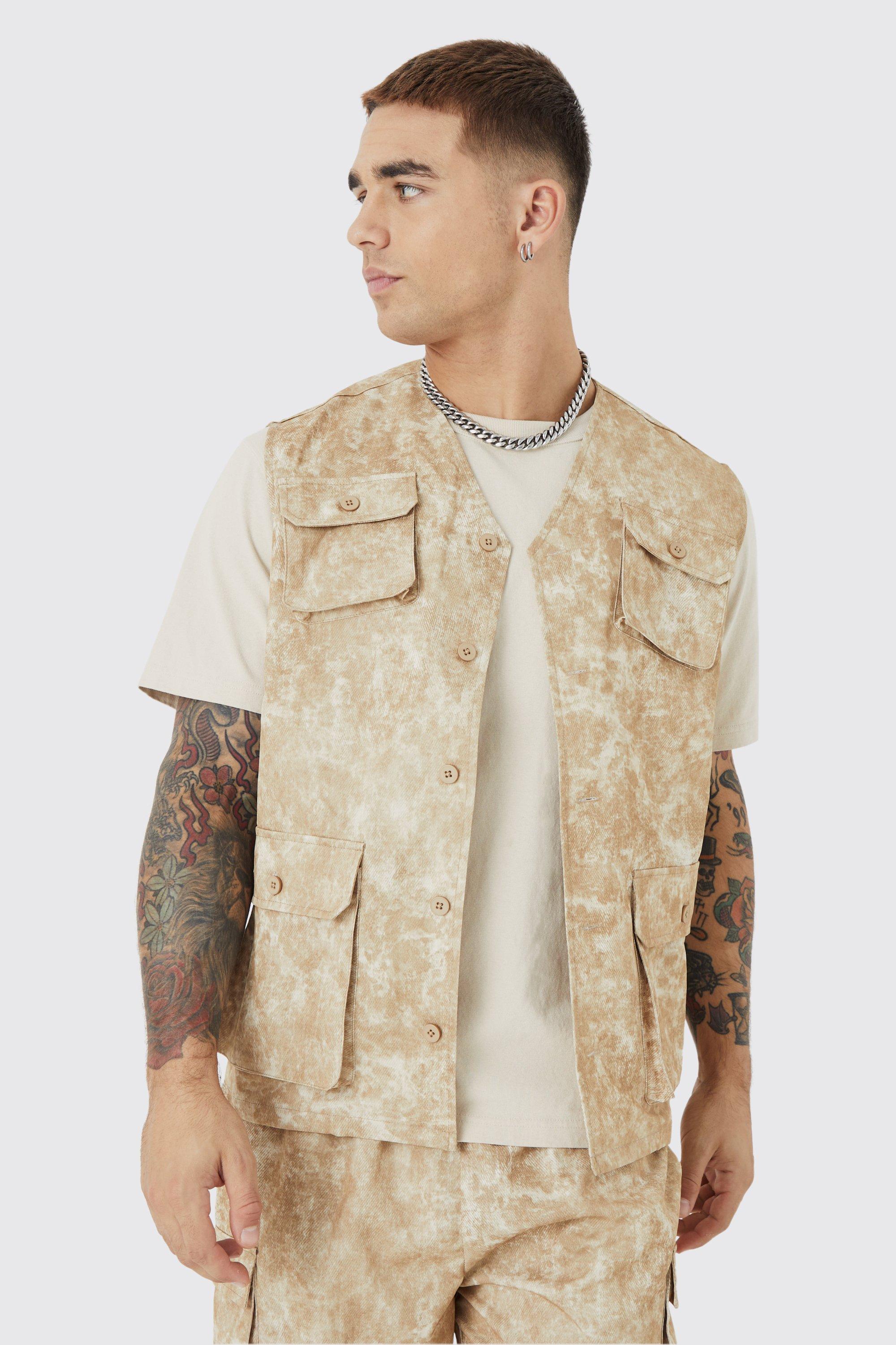 Mens Beige Sleeveless Cargo Utility Regular Fit Vest, Beige