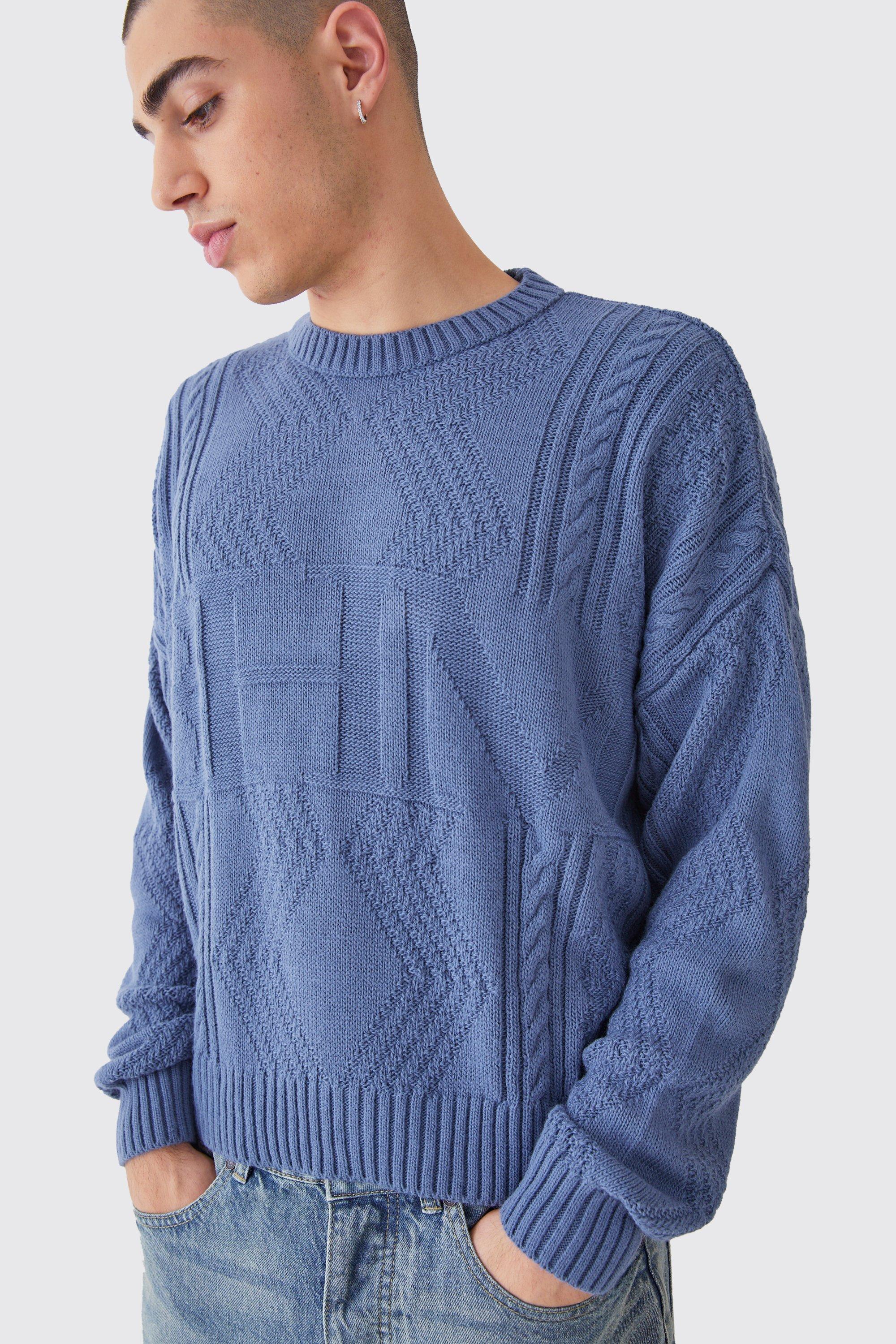 Mens Blue Oversized Boxy Bhm Cable Knit Jumper, Blue