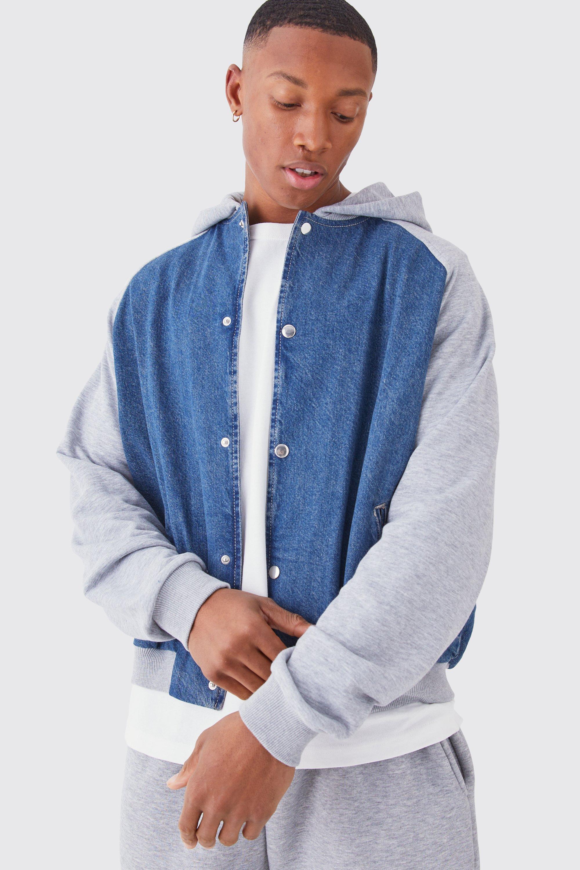 Mens Blue Boxy Fit Jersey And Denim Hooded Bomber, Blue