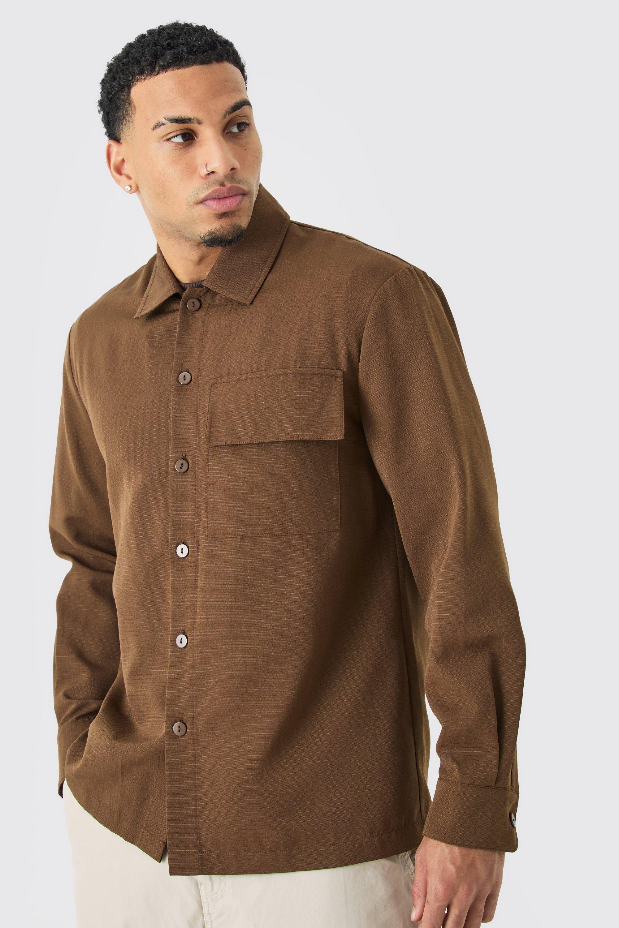 Image of Sovracamicia Regular Fit a maniche lunghe in nylon ripstop, Brown