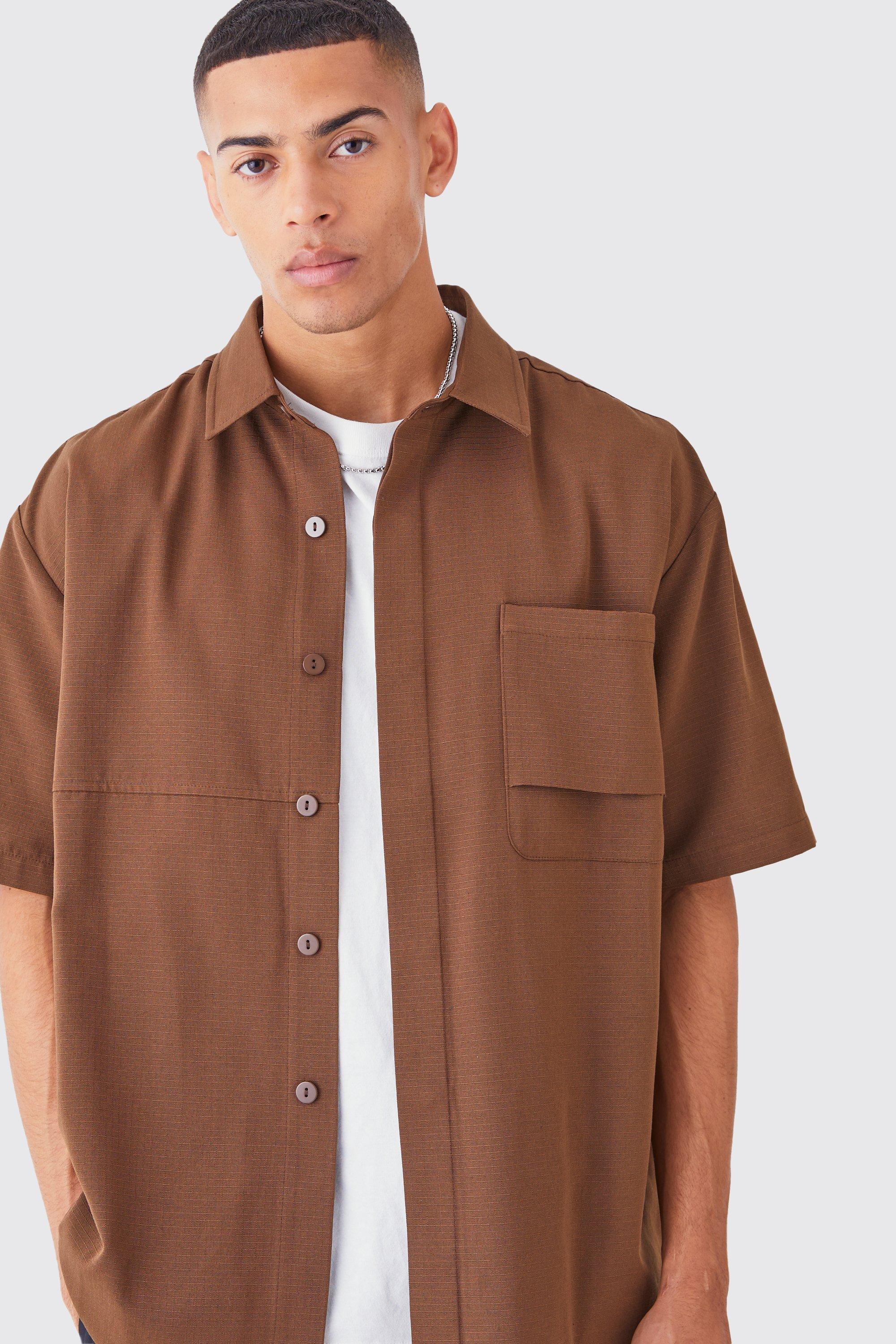 Mens Brown Oversized Boxy Ripstop Shirt, Brown