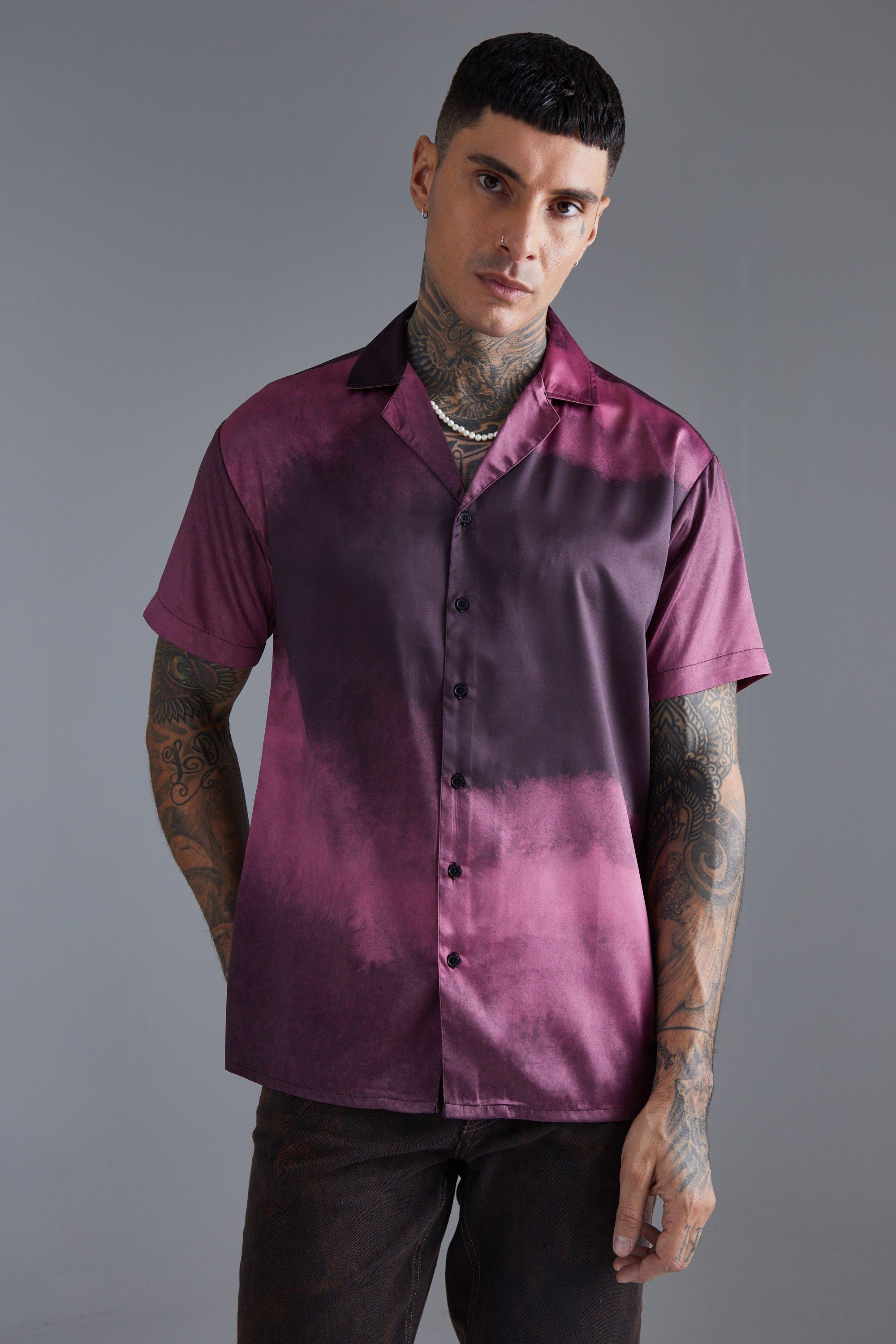 Mens Purple Short Sleeve Oversized Ombre Satin Shirt, Purple