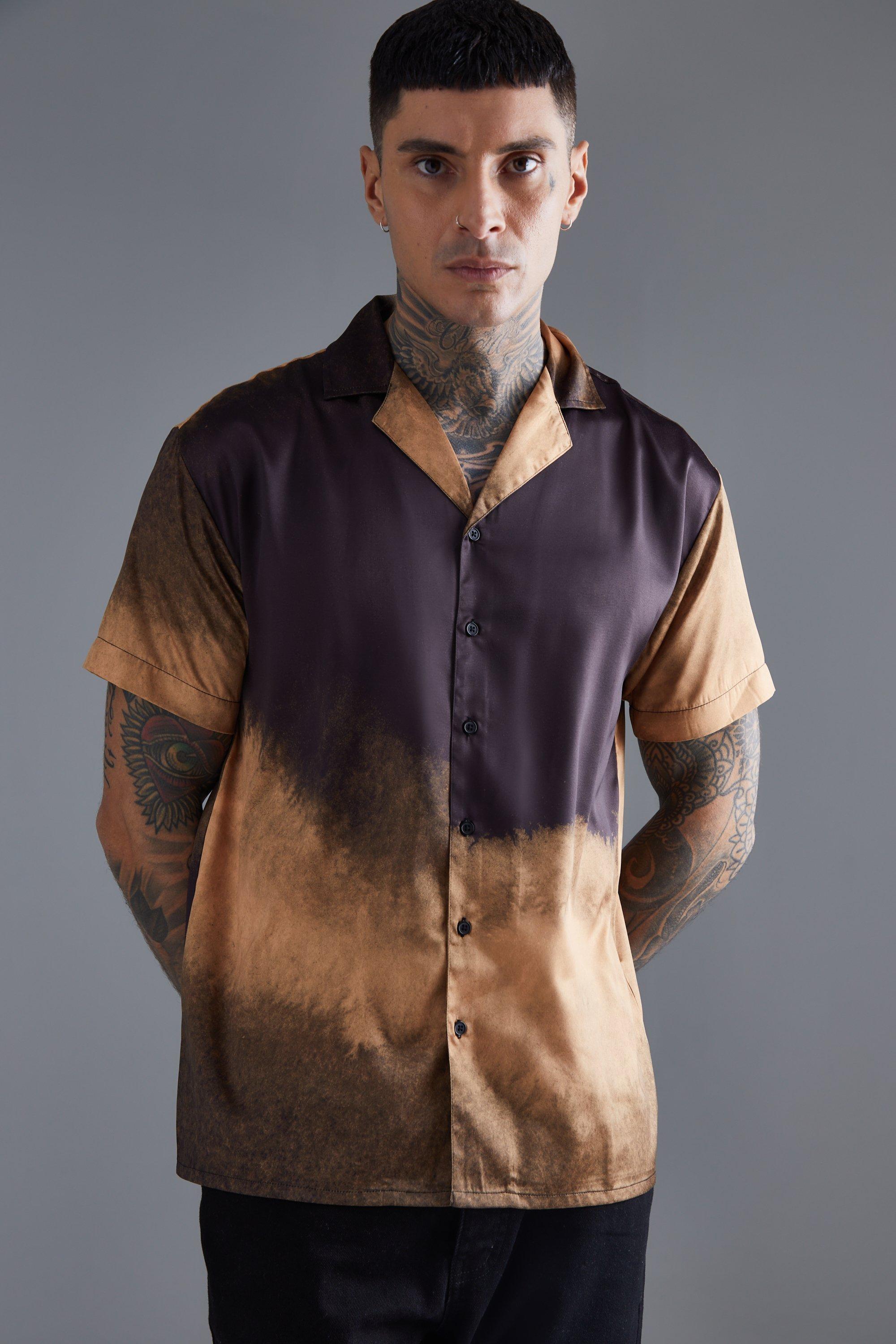 Mens Brown Short Sleeve Oversized Ombre Satin Shirt, Brown