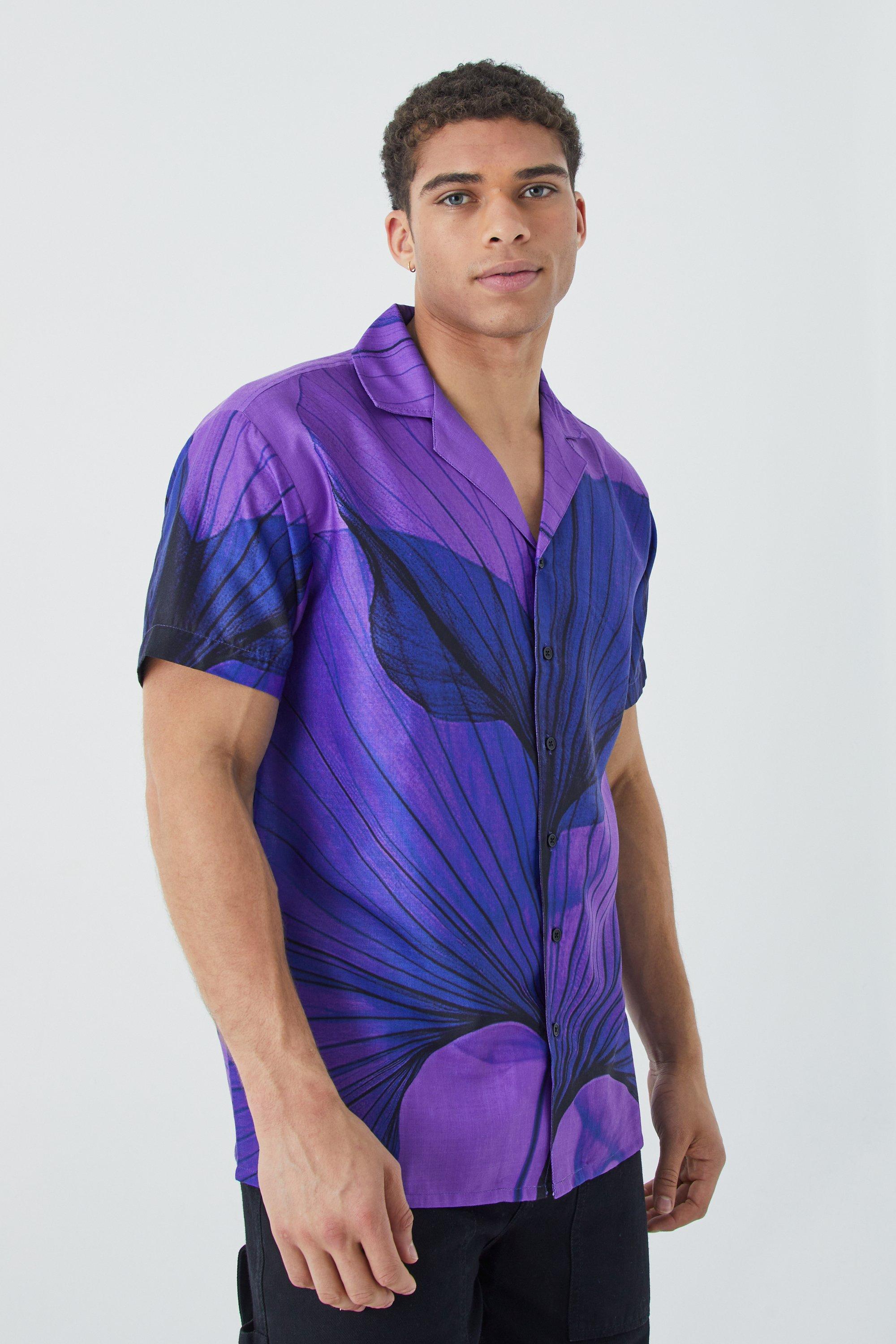 Mens Purple Short Sleeve Oversized Graphic Smoke Shirt, Purple
