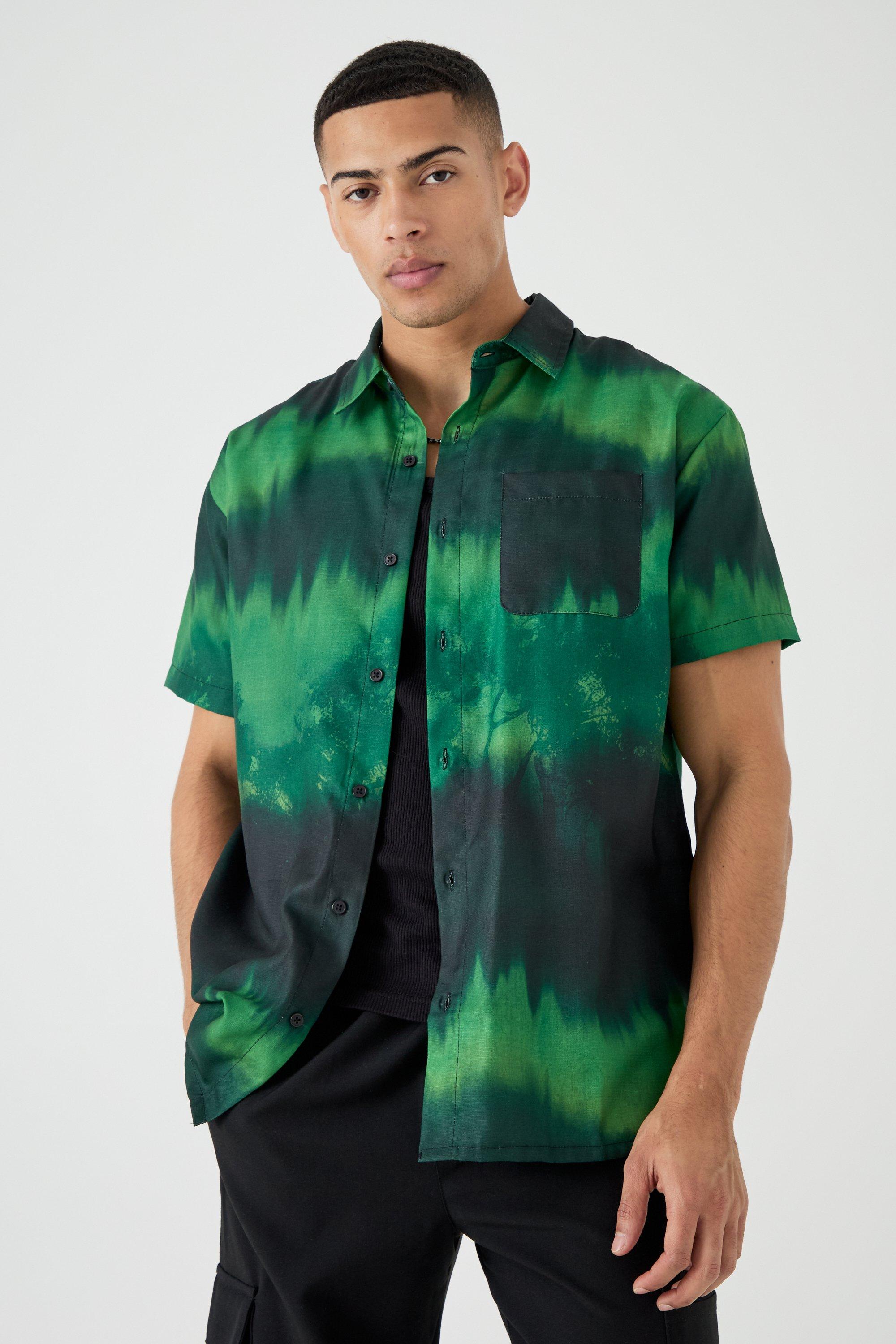 Mens Green Short Sleeve Oversized Ombre Slub Shirt, Green