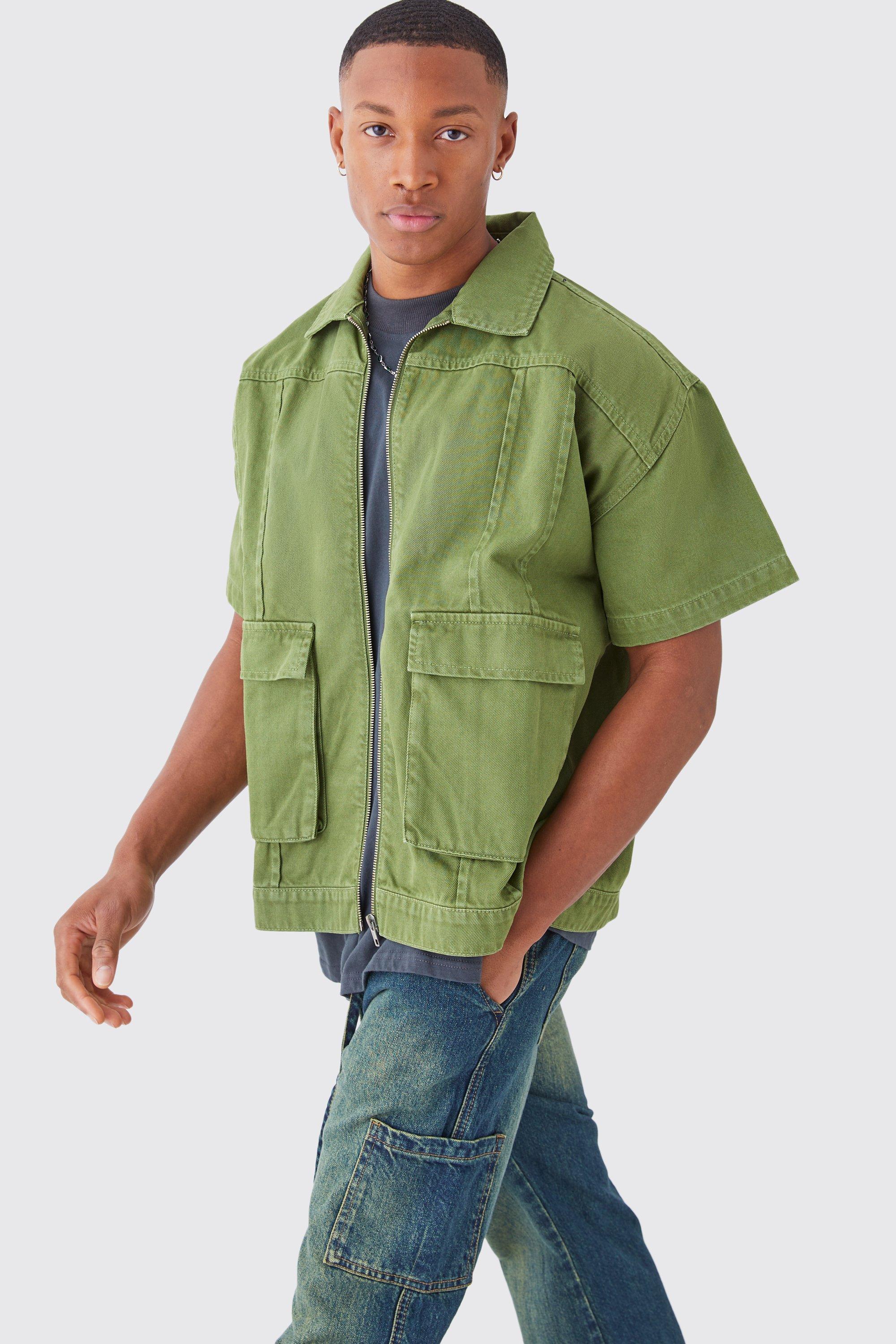 Mens Green Short Sleeve Twill 3d Pocket Shirt, Green