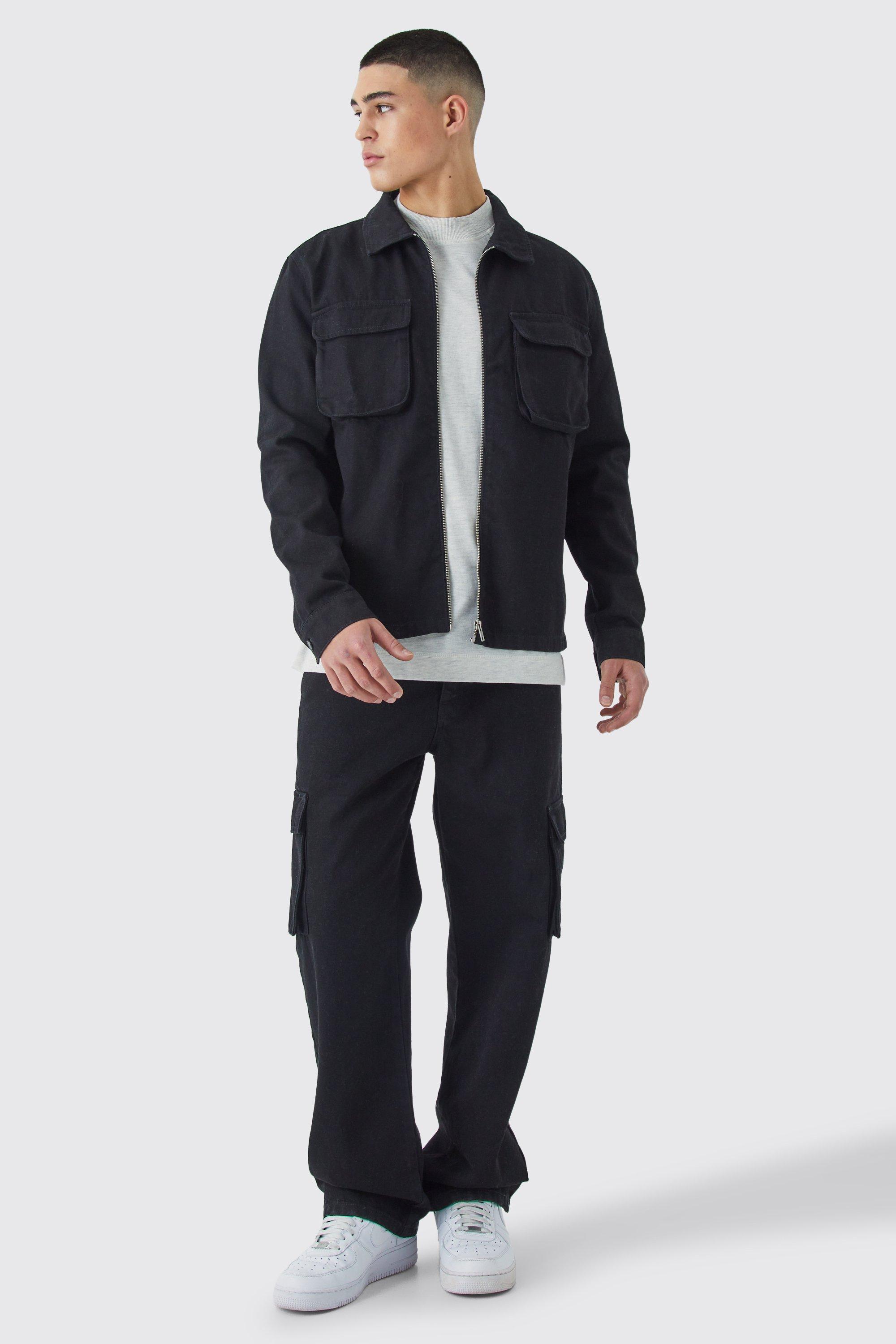 Mens Black Regular Fit Twill Cargo Overshirt & Trouser, Black