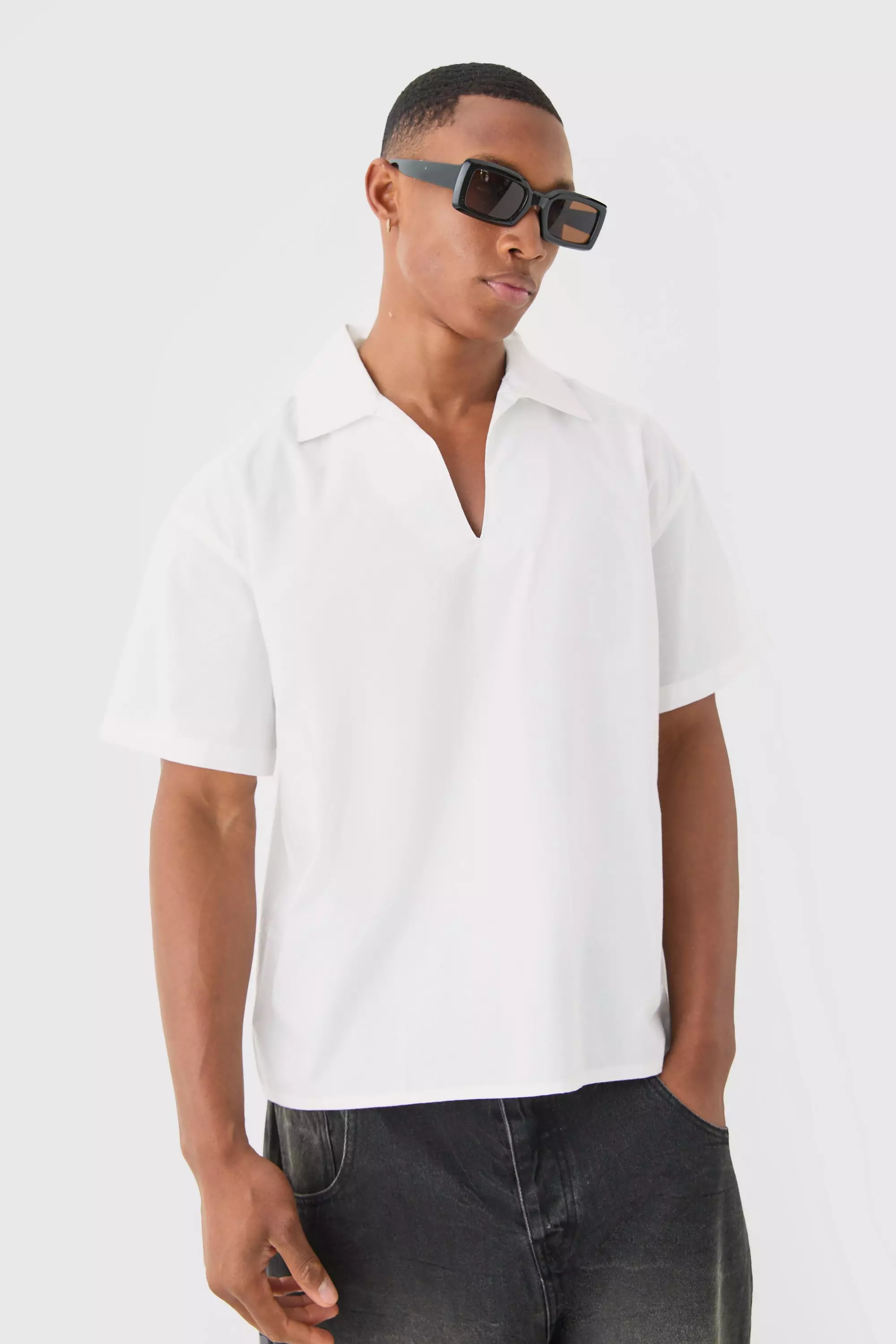 Overhead V Neck Dropped Shoulder Shirt boohooMAN USA