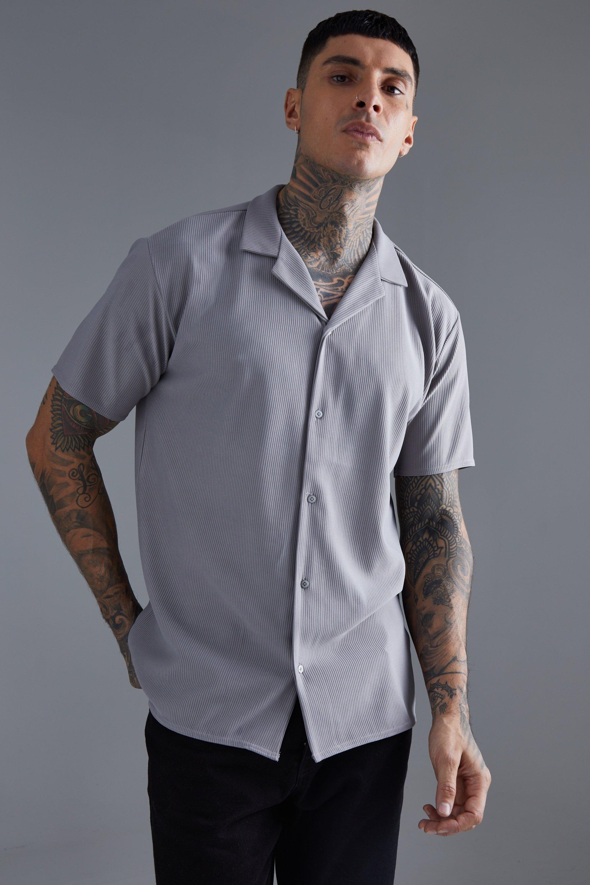 Mens Grey Short Sleeve Ribbed Revere Oversized Shirt, Grey