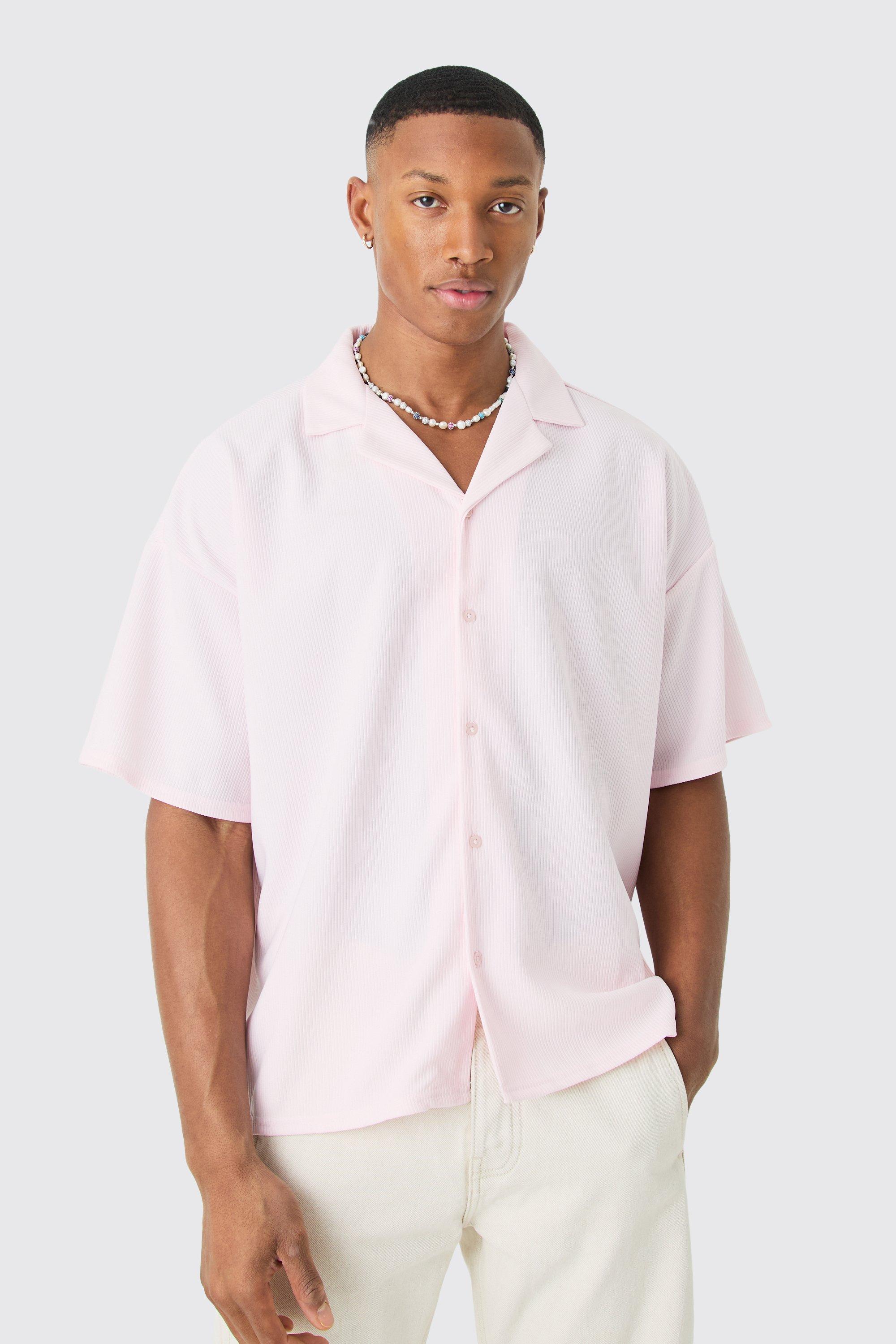 Mens Pink Short Sleeve Ribbed Boxy Shirt, Pink