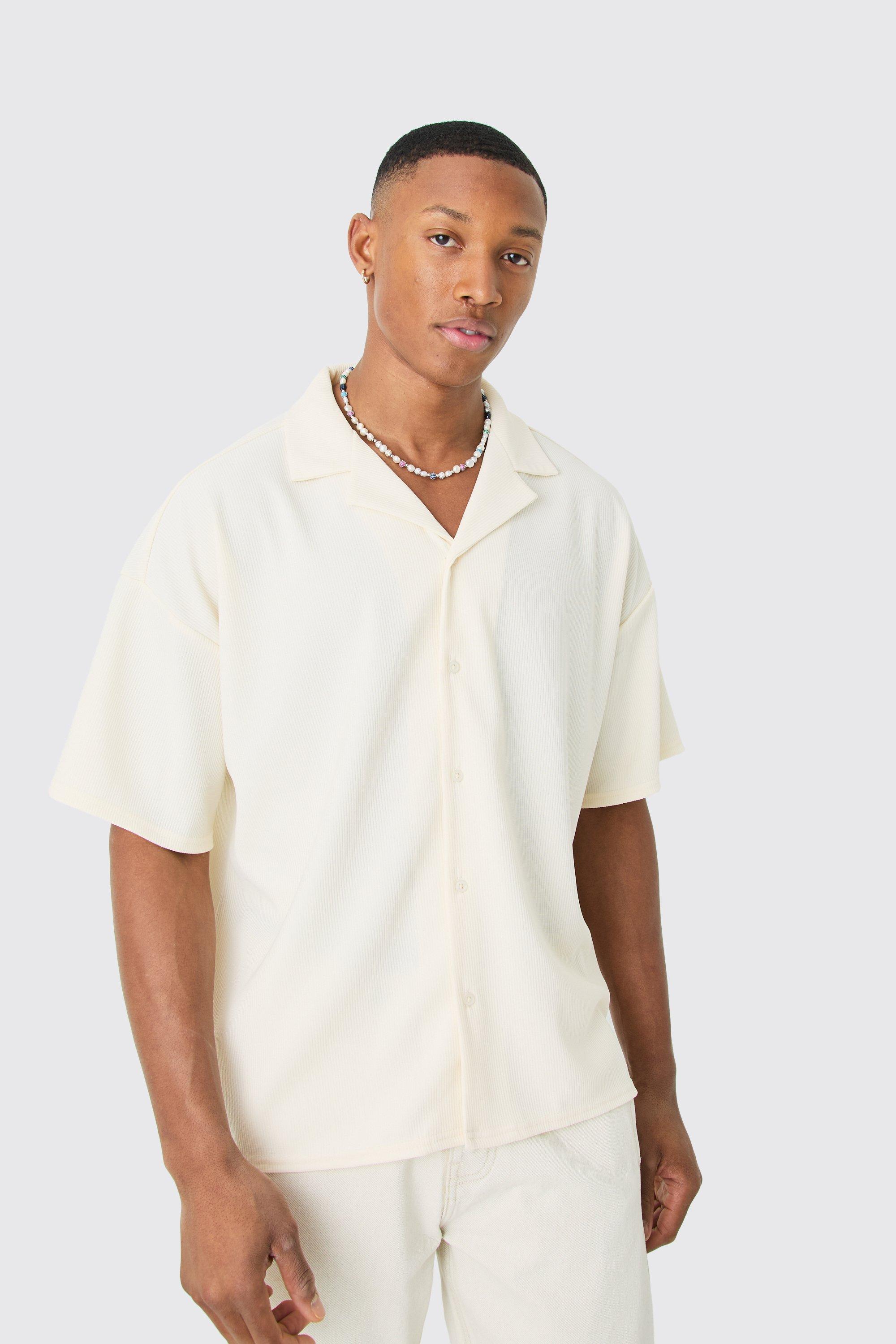Mens Cream Short Sleeve Ribbed Boxy Shirt, Cream