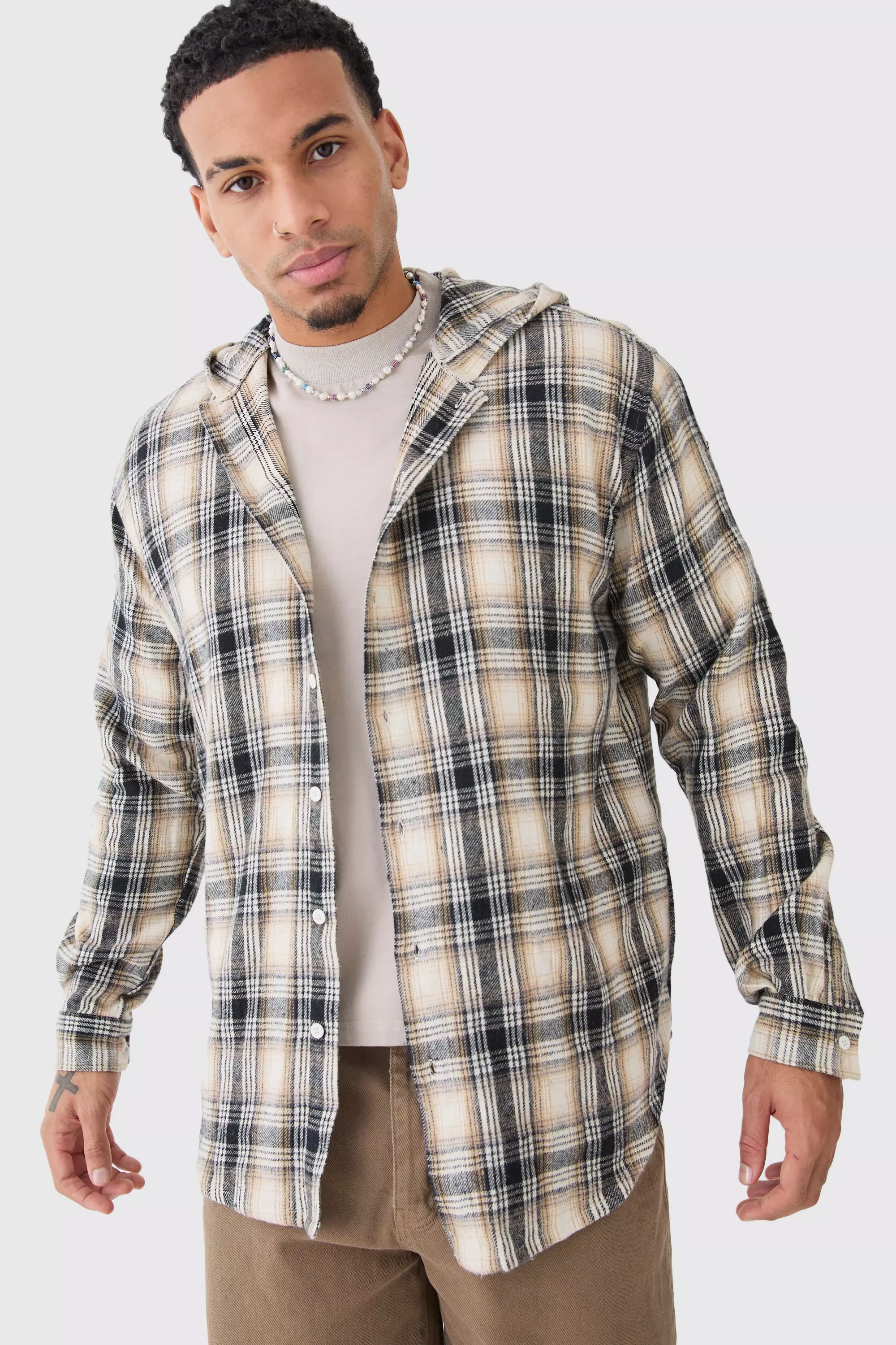  Mens Hooded Flannel Shirt Long Sleeve Button Up Collar