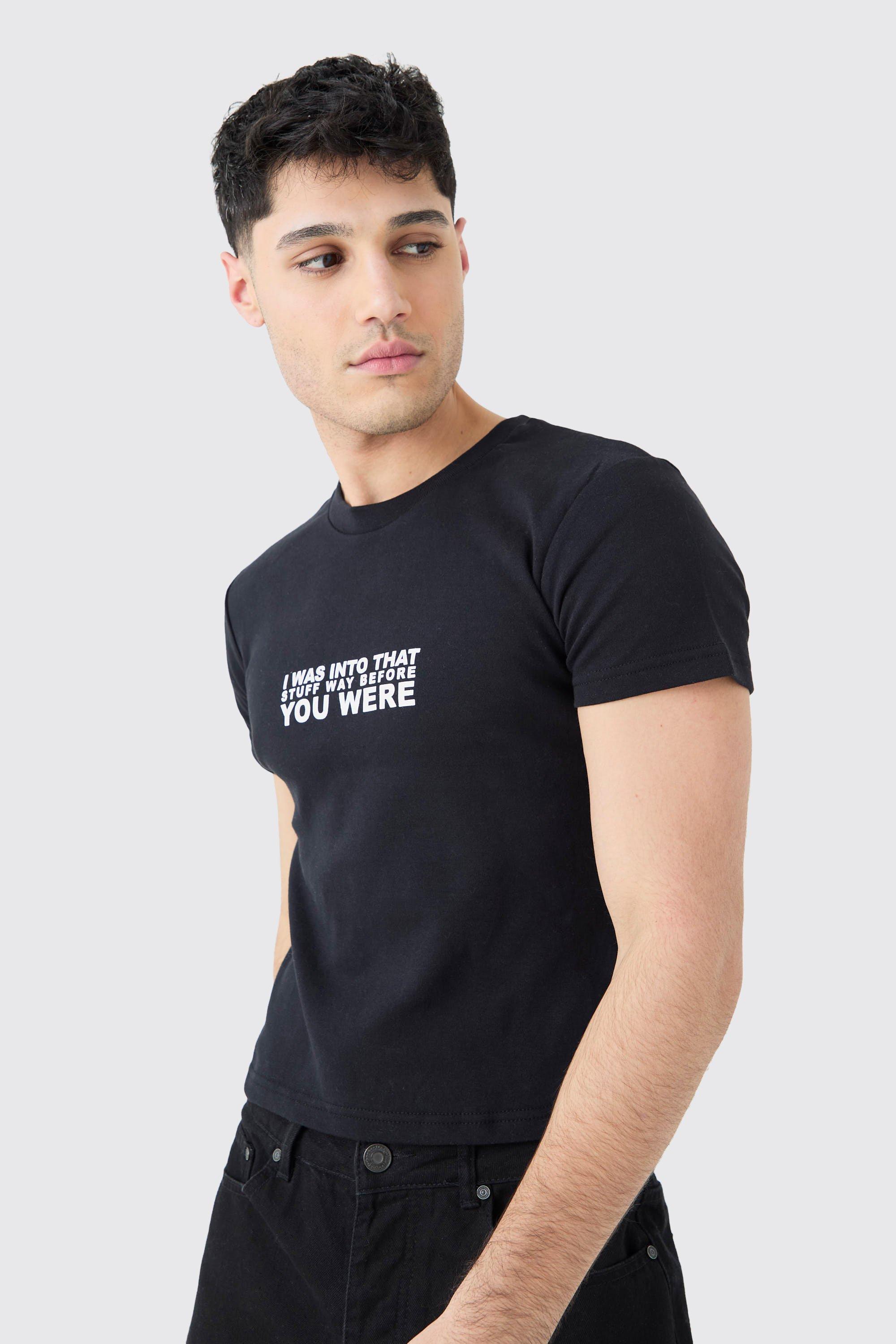 Mens Black Shrunken Heavy Interlock Graphic Slogan T-Shirt, Black