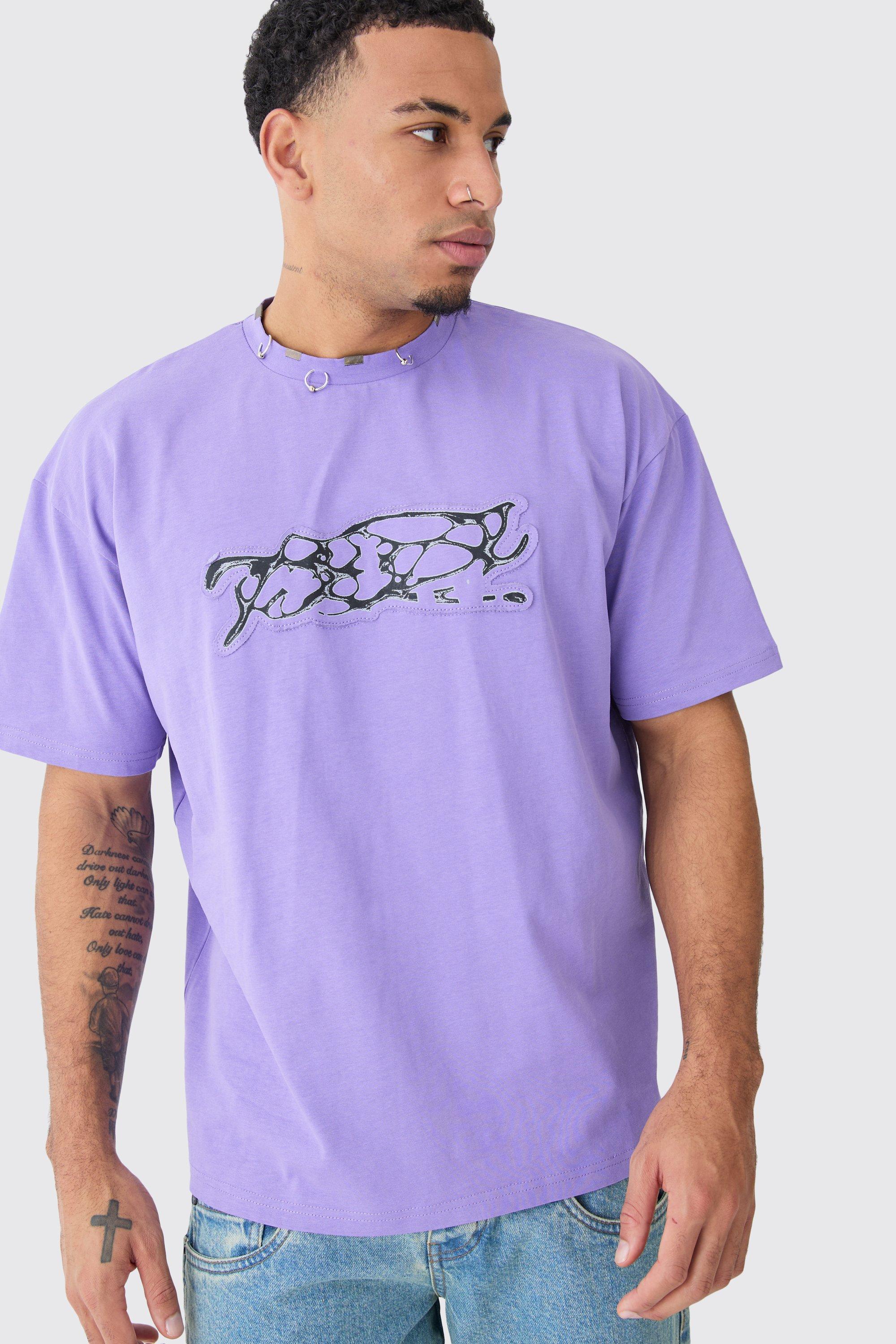 Mens Purple Oversized Heavy Interlock Distressed Applique T-shirt, Purple