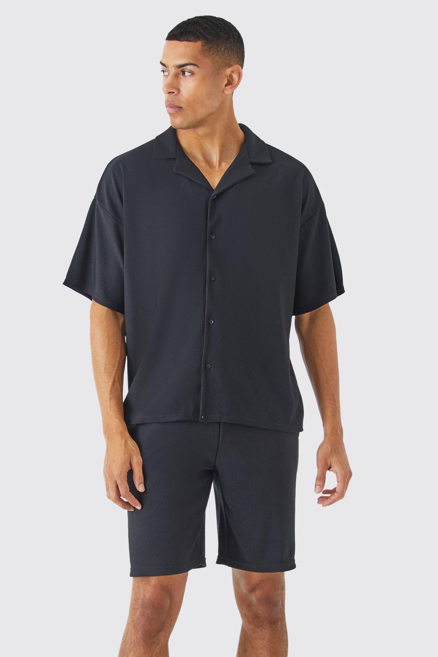 Set camicia squadrata a maniche corte a coste & pantaloncini, Nero