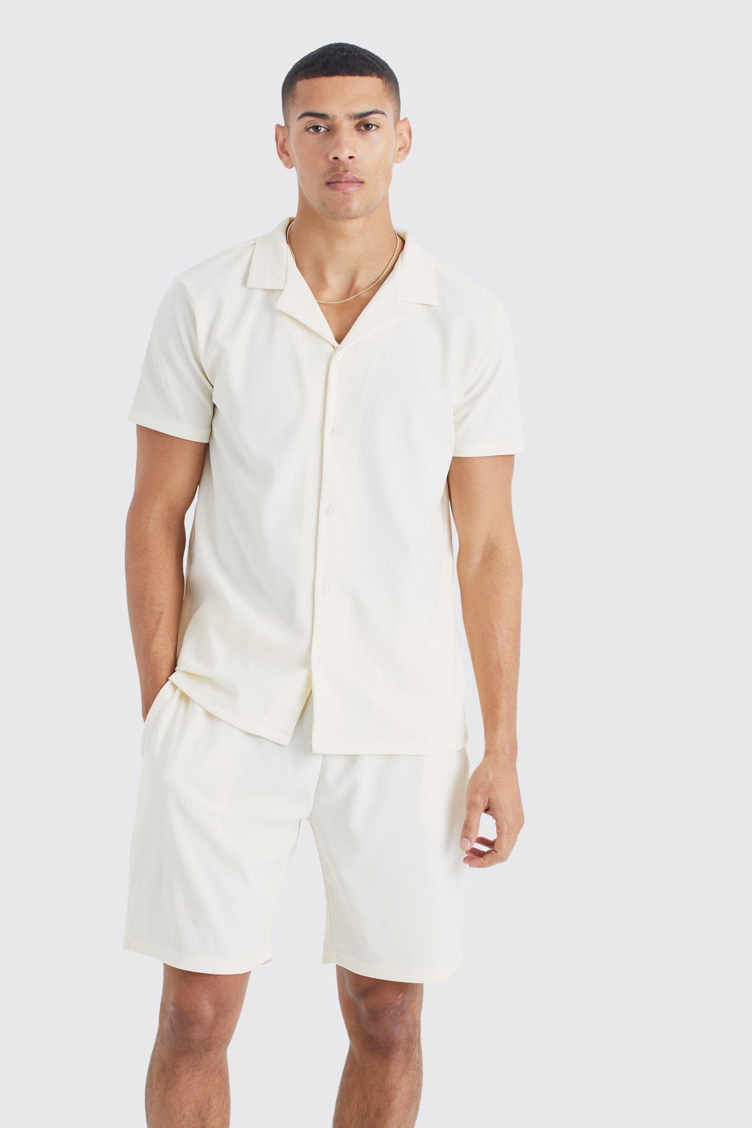 Mens Cream Short Sleeve Ribbed Shirt And Short Set, Cream