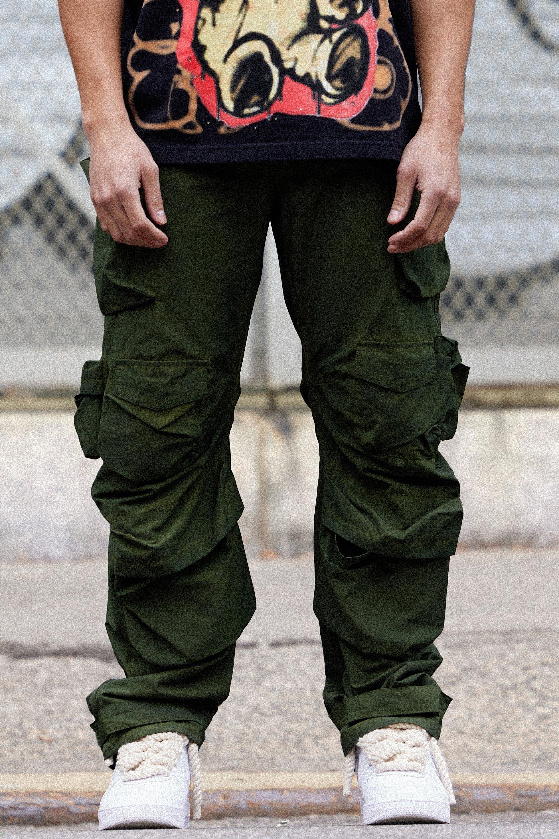 Mens Beige Parachute Multi Pocket Fixed Waist Trouser, Beige