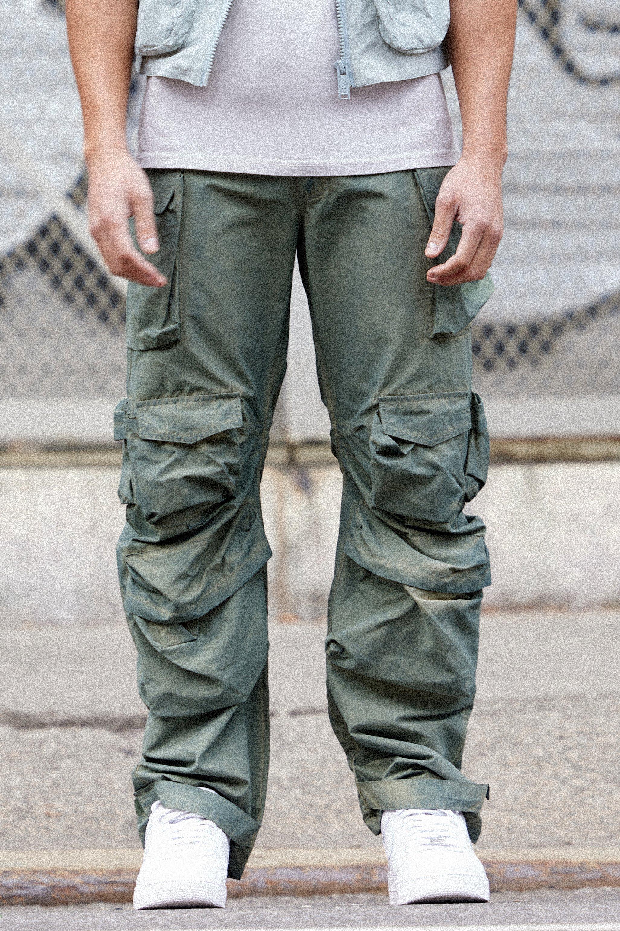 Mens Green Parachute Multi Pocket Fixed Waist Trouser, Green