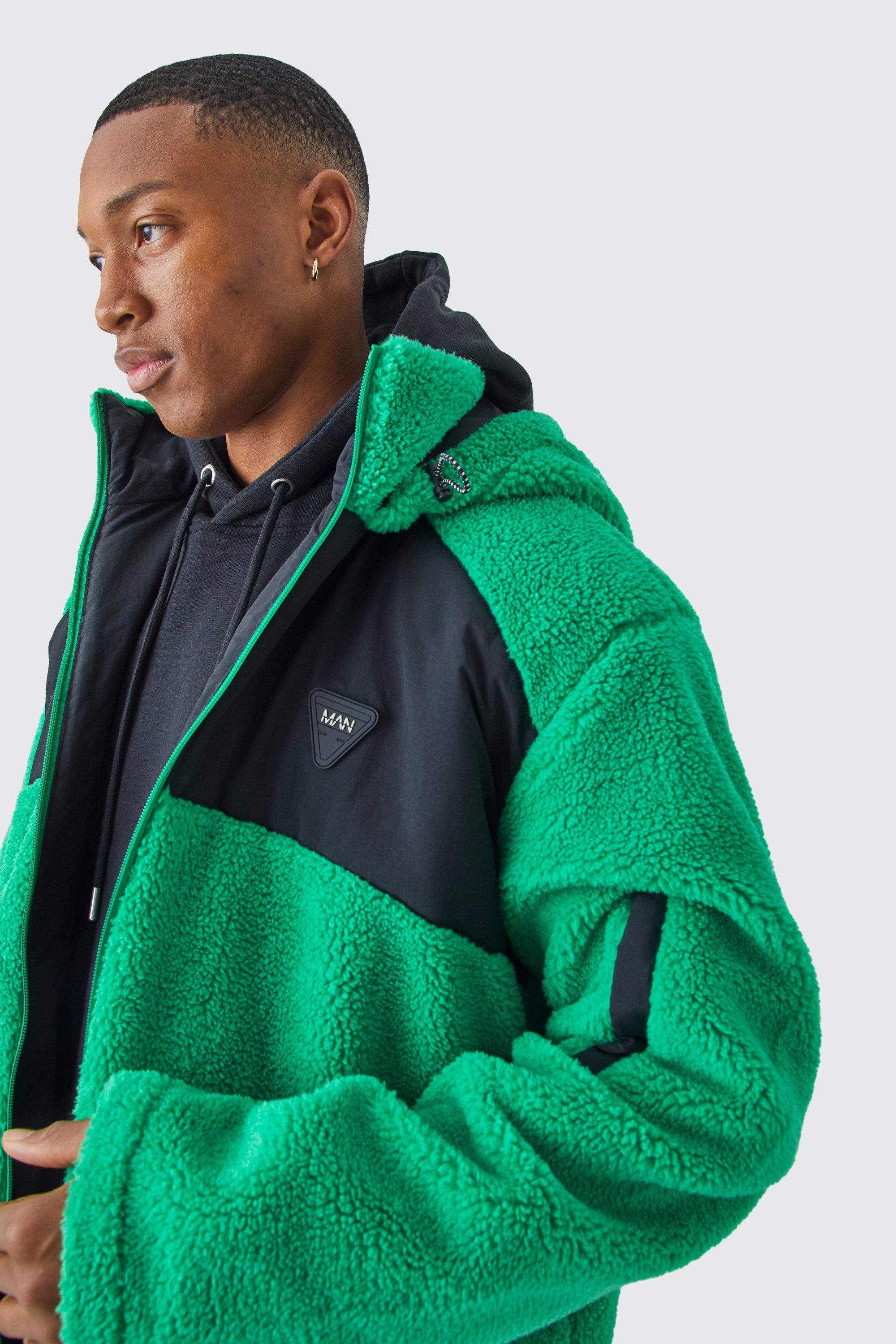 Mens Green Borg & Nylon Mix Jacket With Hood, Green