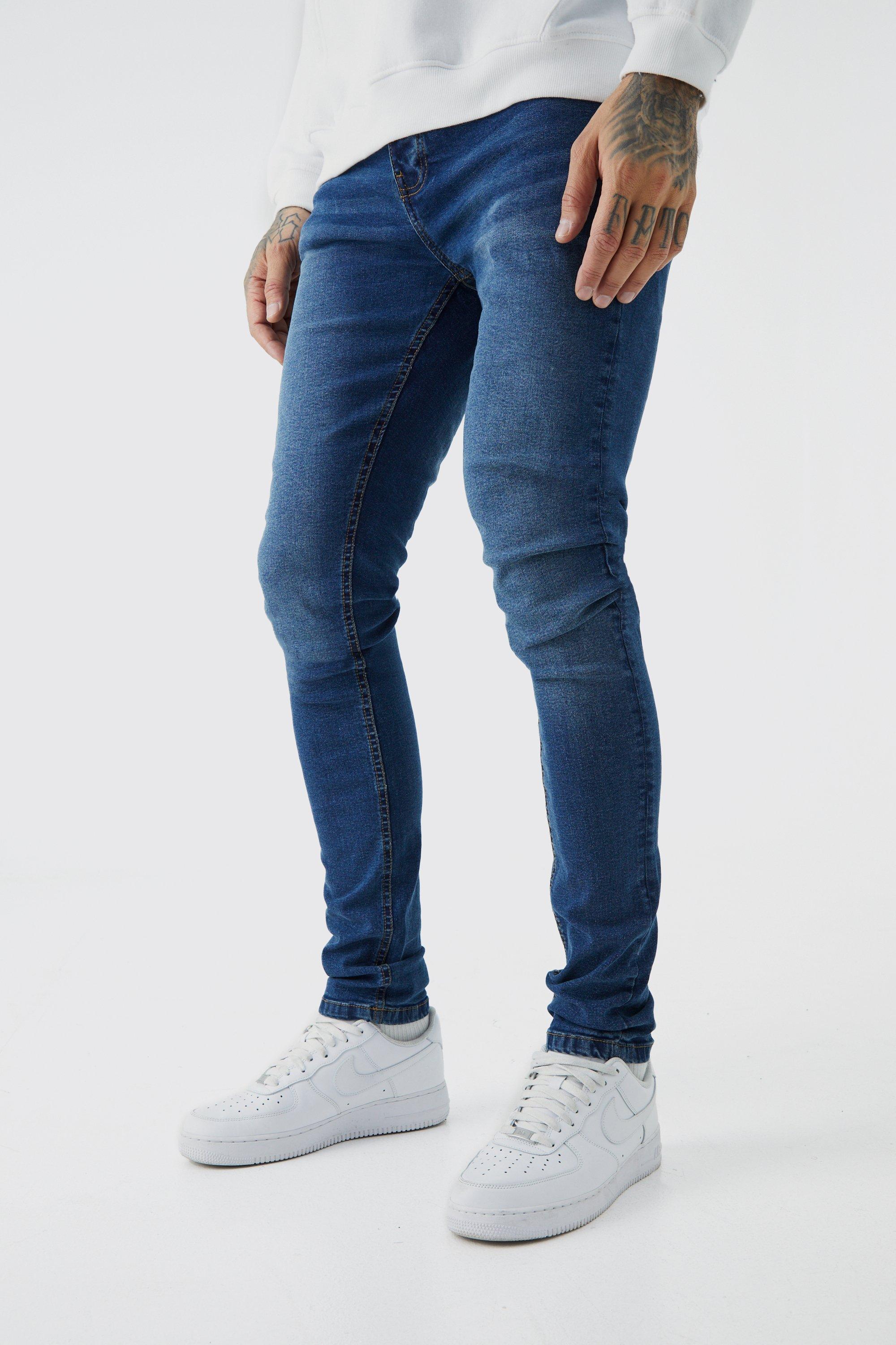 Mens Blue Tall Skinny Stretch Stacked Jeans, Blue