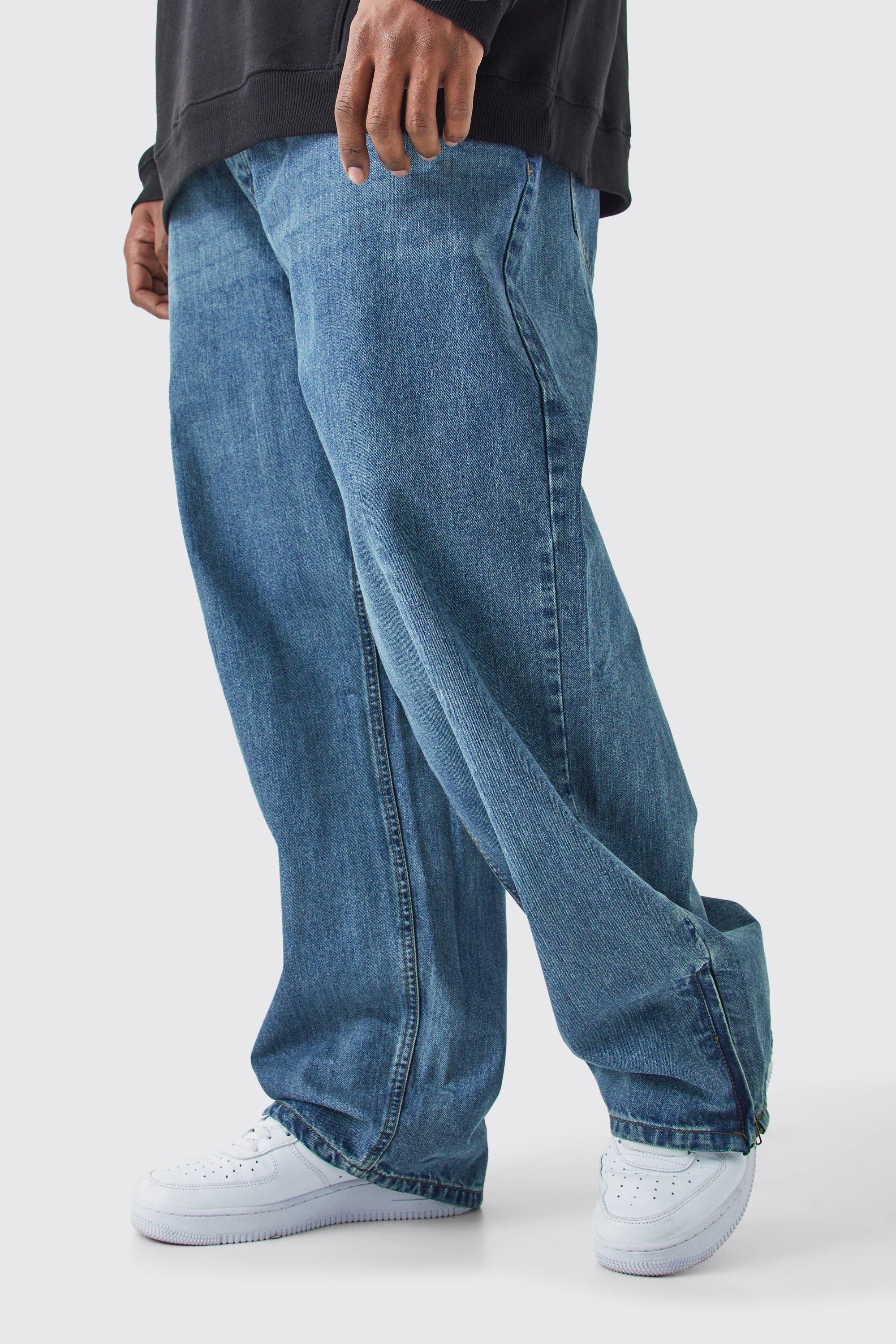 Image of Jeans rilassati Plus Size in denim rigido con zip sul fondo, Azzurro