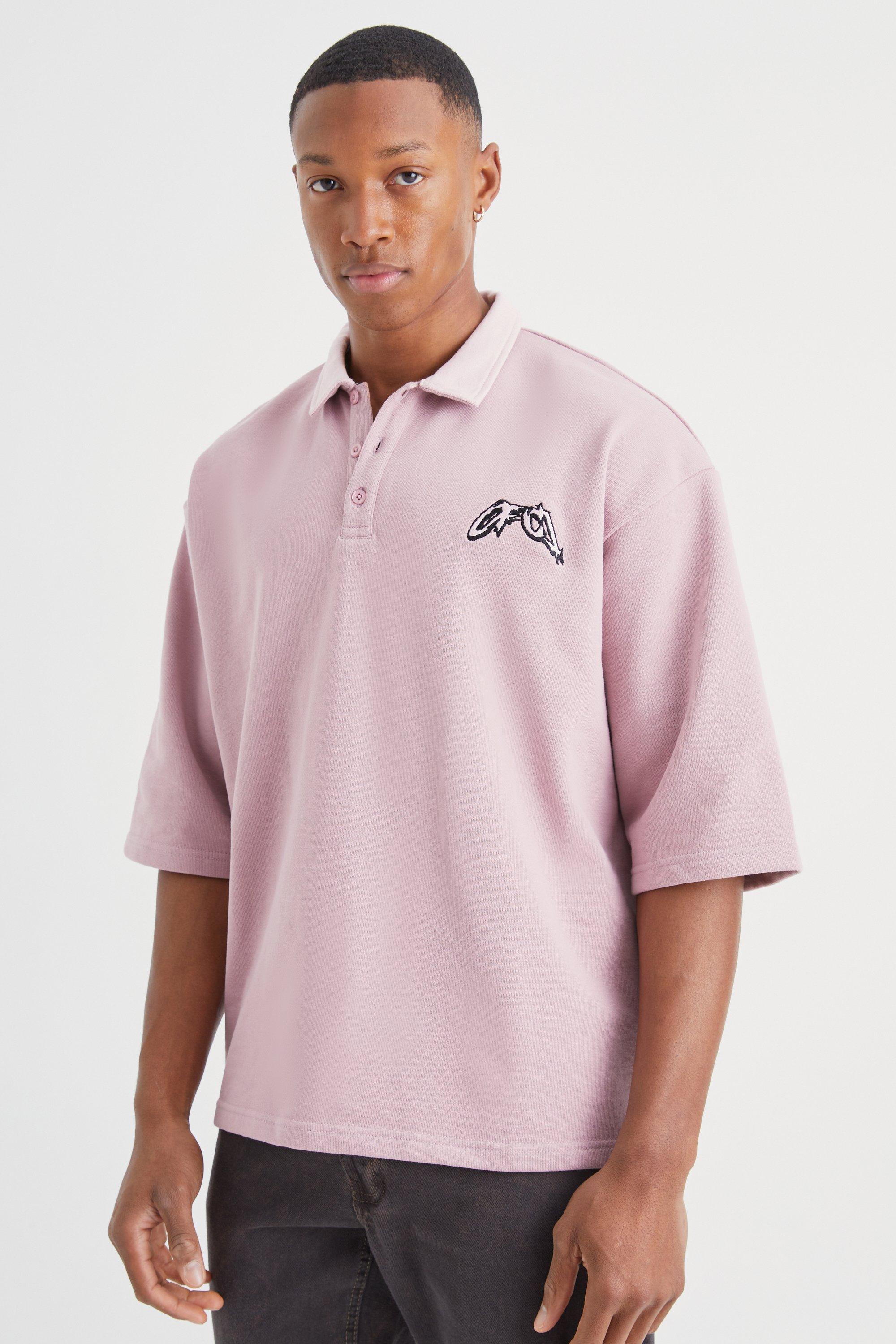 Mens Pink Oversized Boxy Heavy Loopback Embroidered Polo, Pink