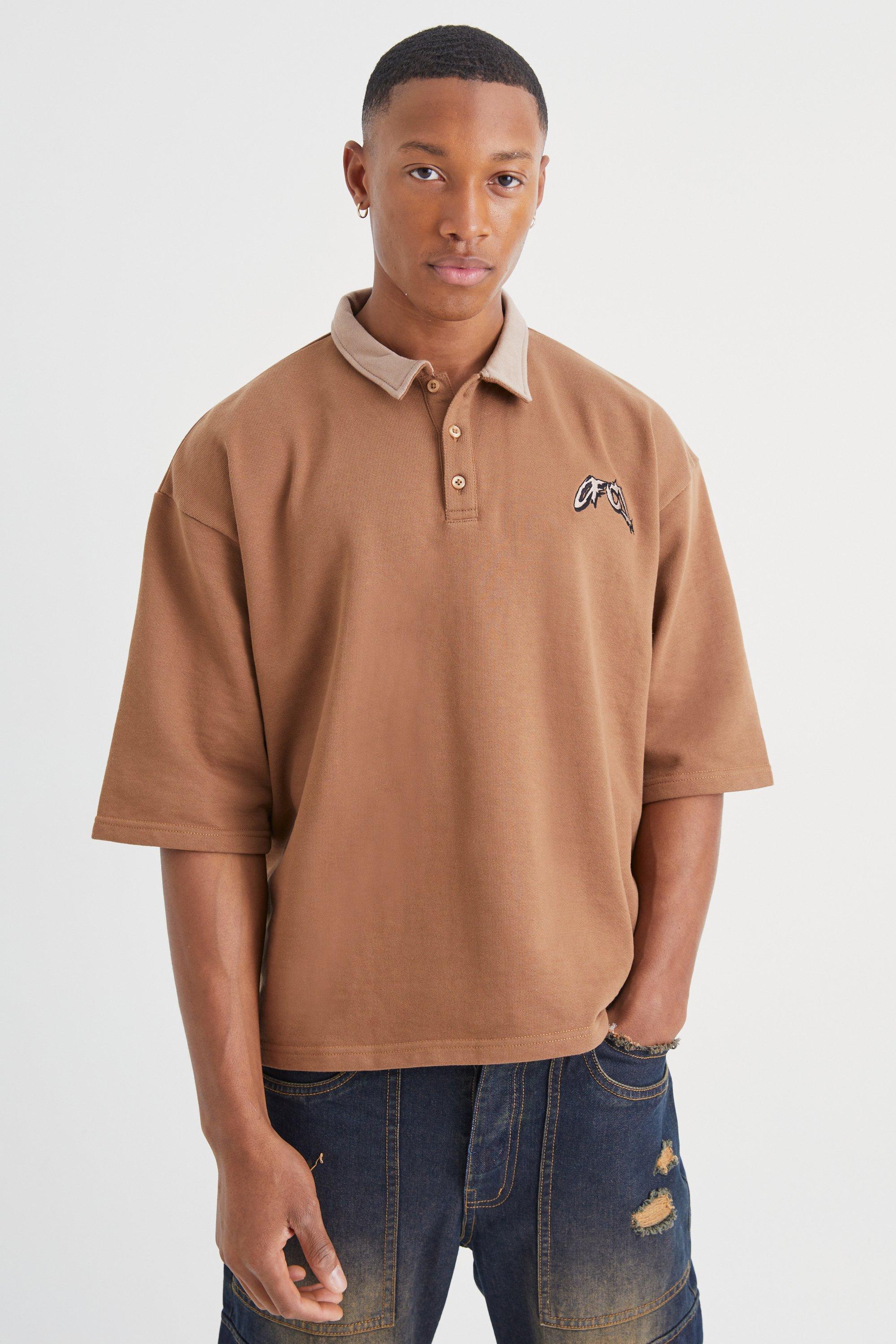 Mens Brown Oversized Boxy Heavy Loopback Embroidered Polo, Brown