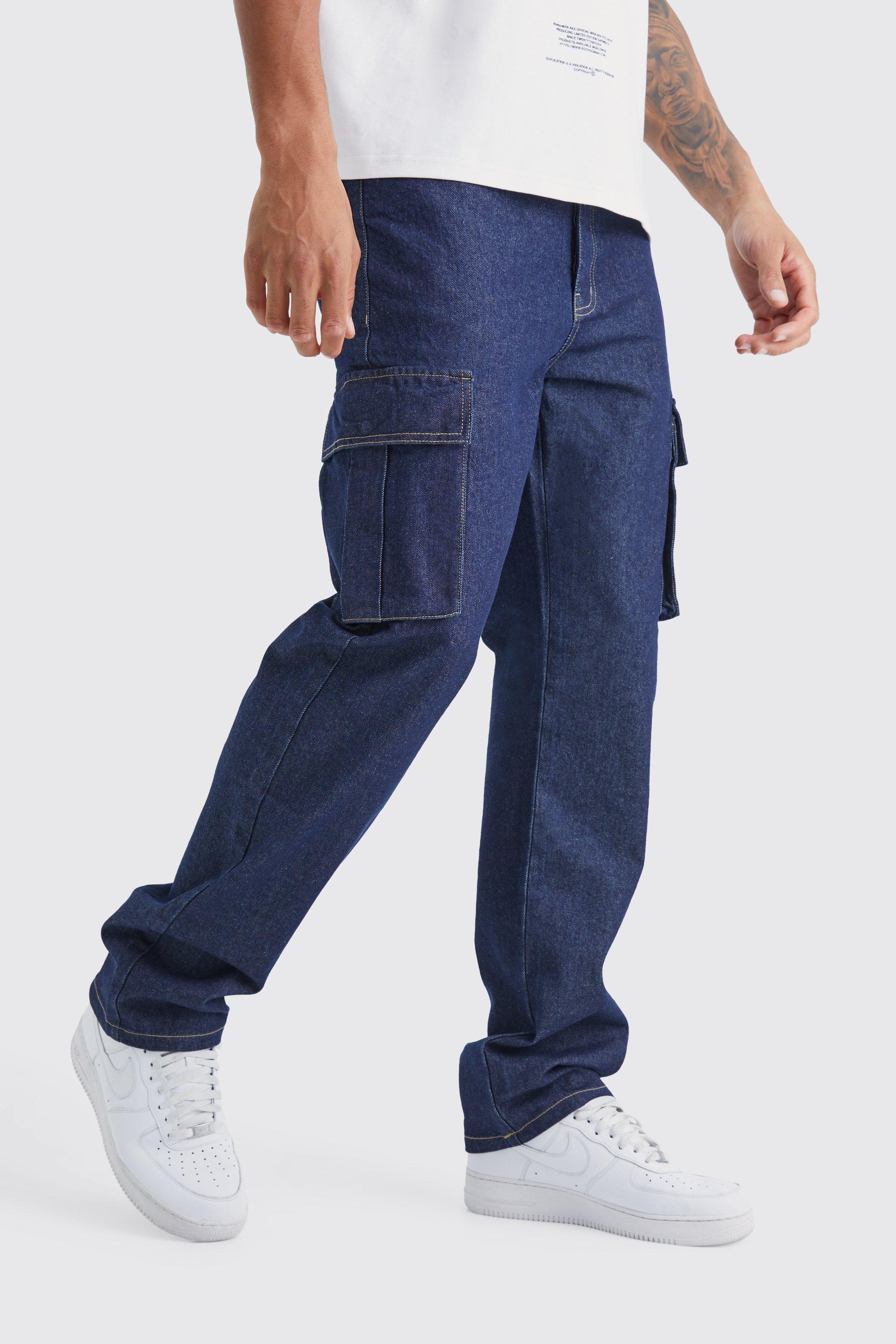 Mens Blue Tall Relaxed Rigid Cargo Jeans, Blue