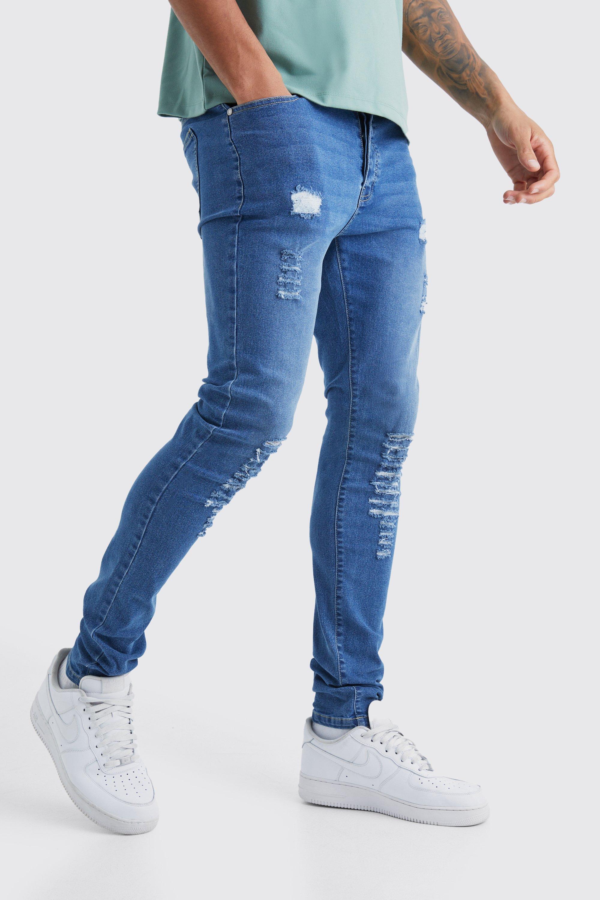 Mens Blue Tall Skinny Jeans With All Over Rips, Blue