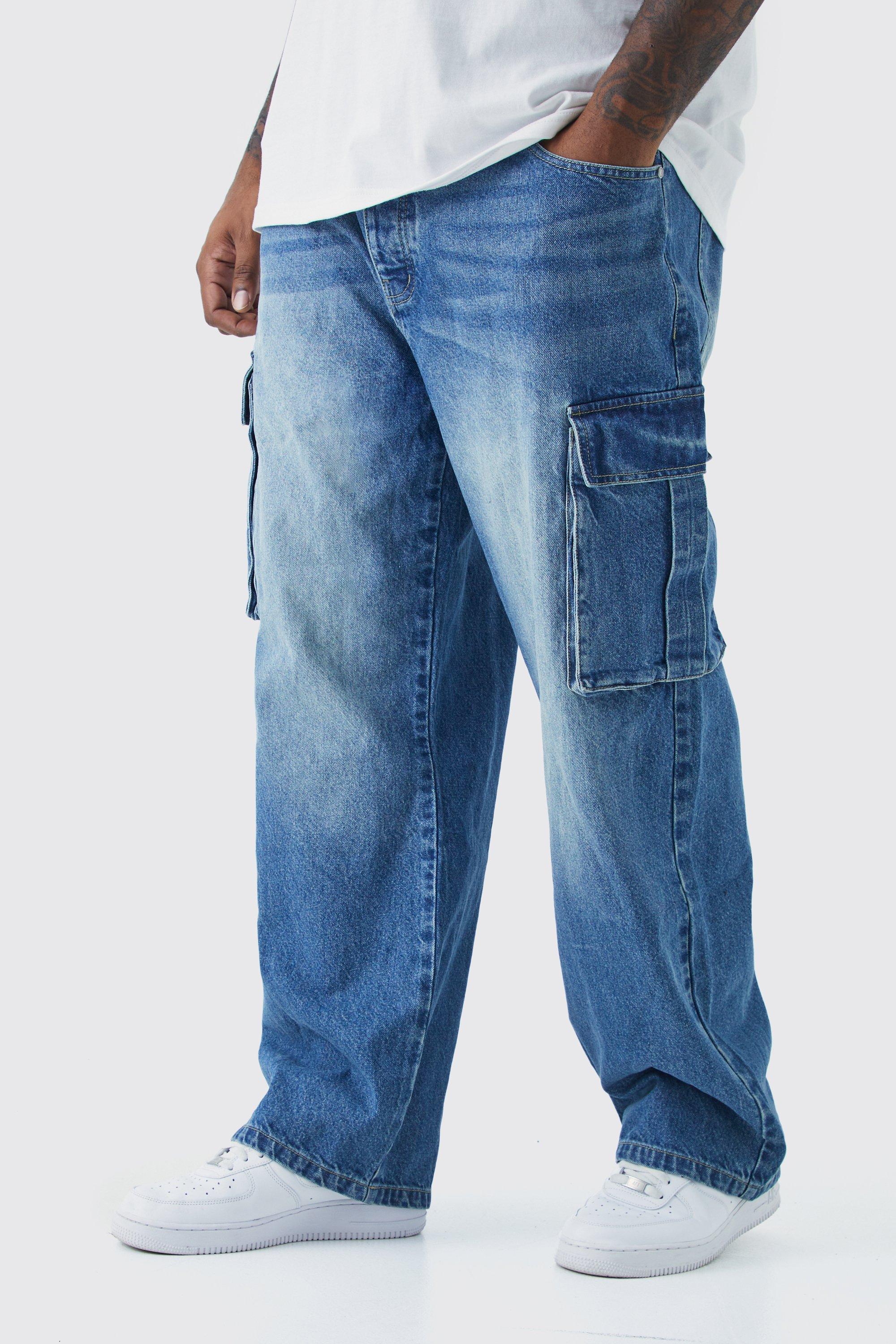 Mens Blue Plus Relaxed Rigid Cargo Jeans, Blue