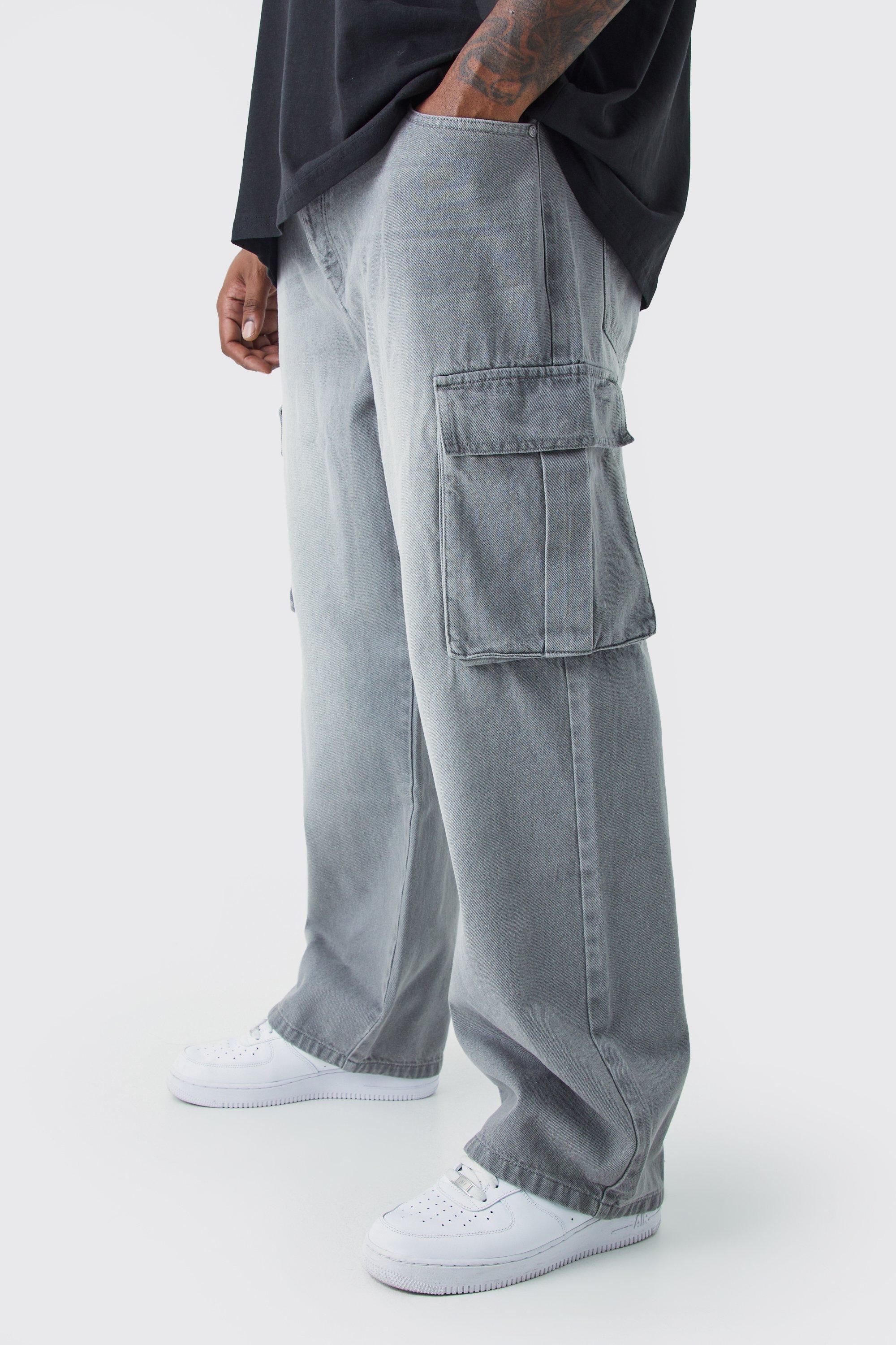 Boohoo Plus Onbewerkte Baggy Cargo Jeans, Mid Grey