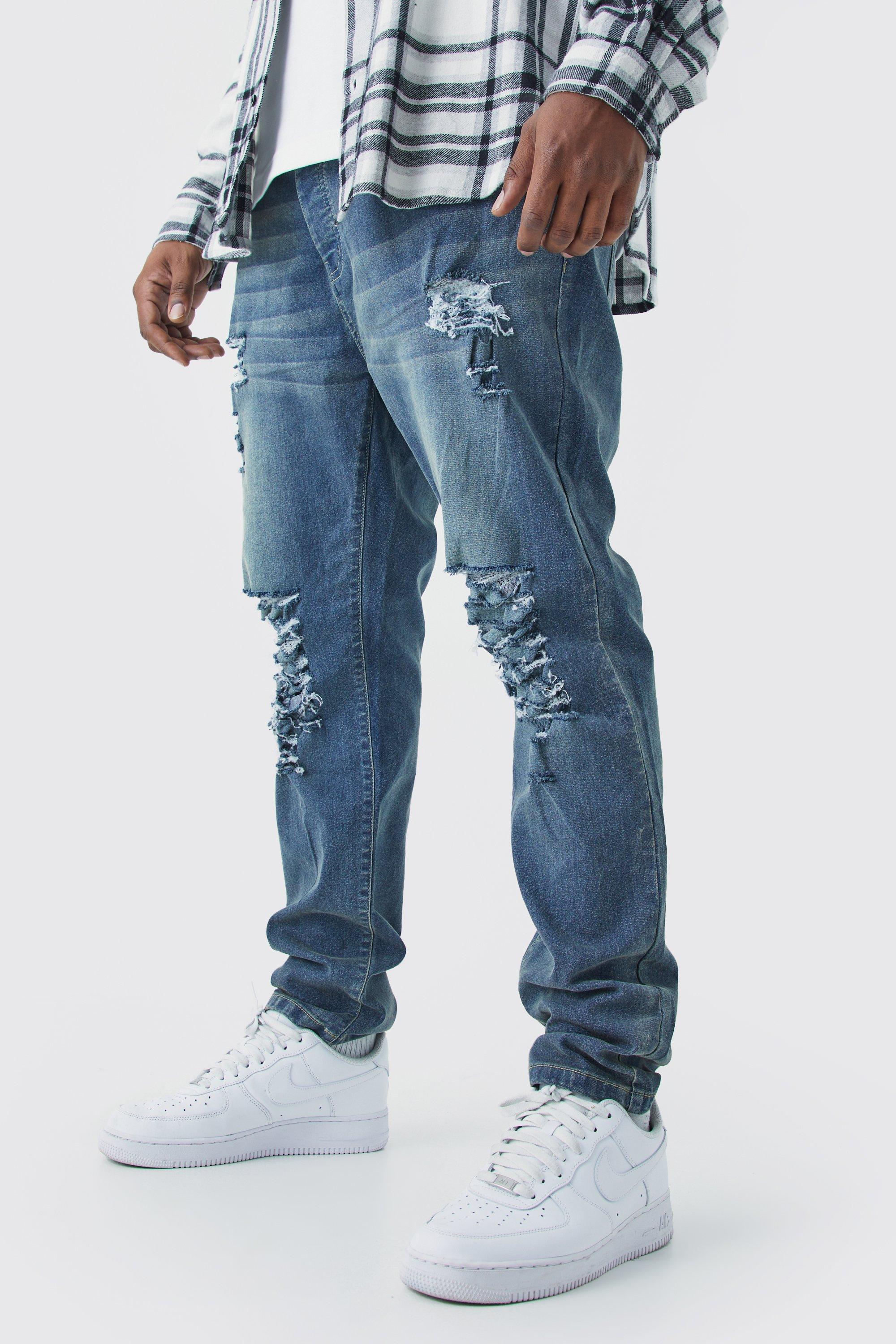 Mens Blue Plus Skinny Jeans With All Over Rips, Blue