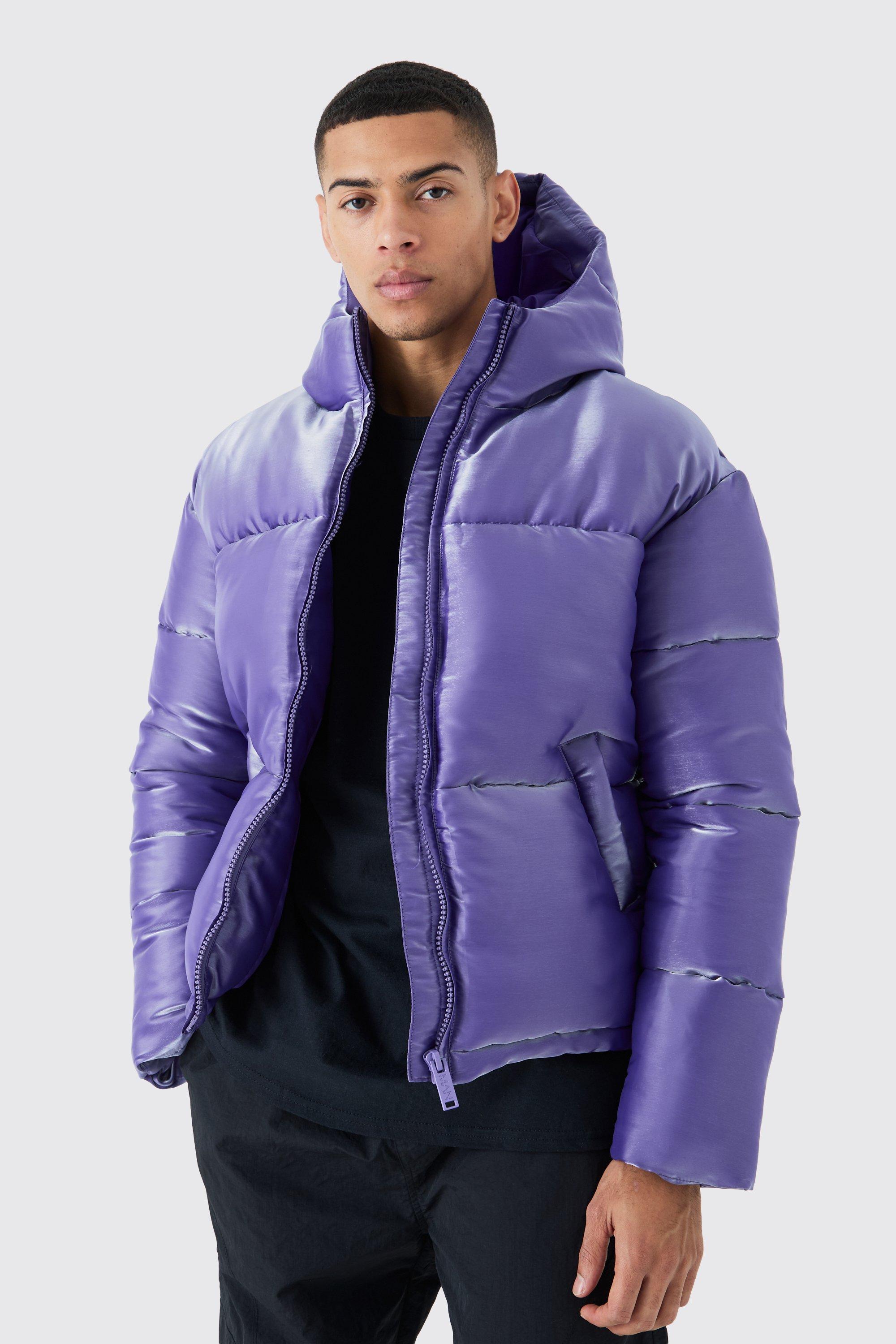 Mens Purple Liquid Metallic Nylon Puffer Jacket, Purple
