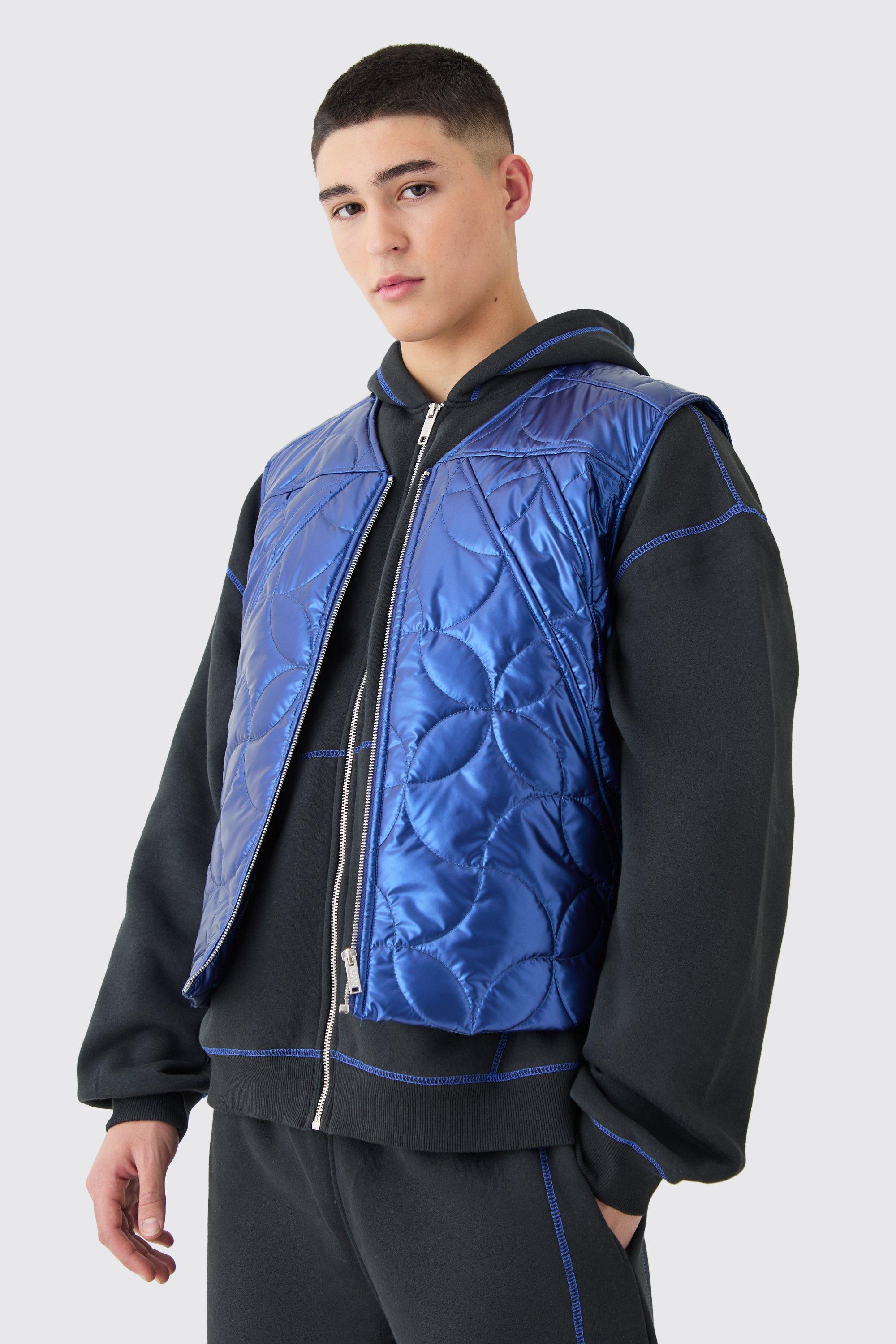 Mens Blue Metallic Quilted Gilet, Blue