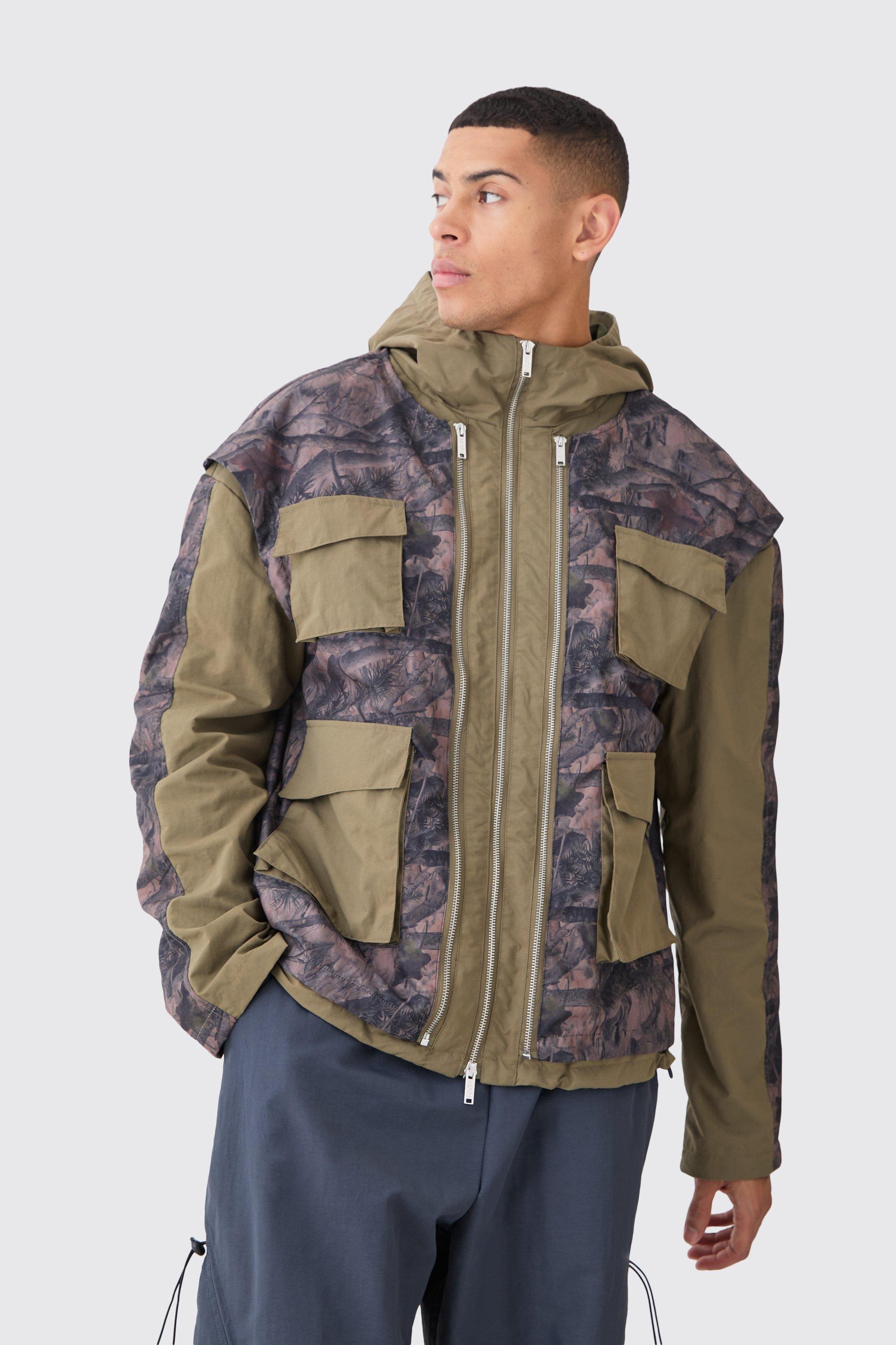 Mens Green Washed Ripstop Nylon Camo Utility Jacket, Green