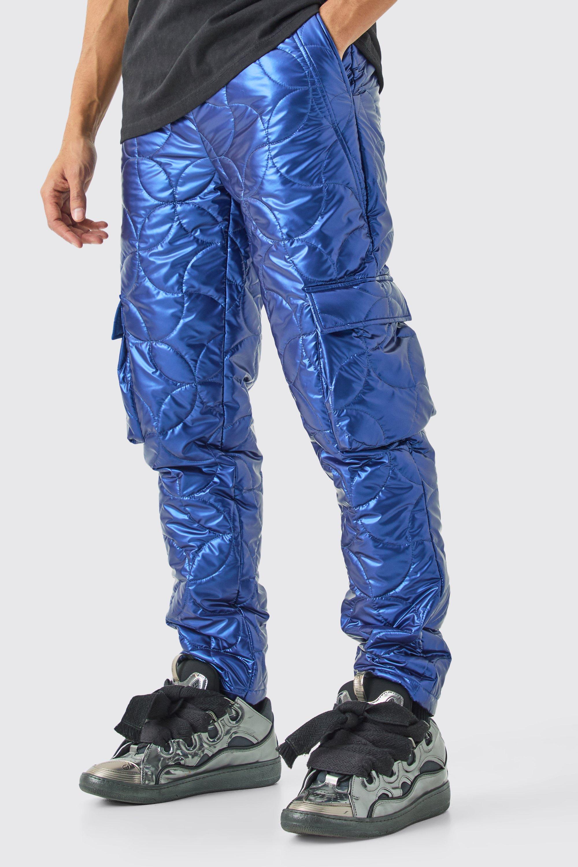 Mens Blue Elasticated Waist Metallic Quilted Cargo Trousers, Blue