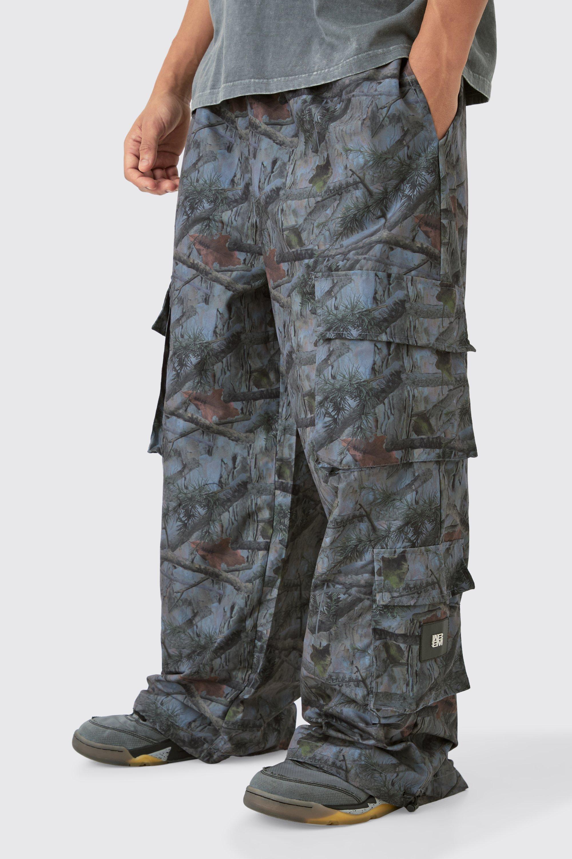 Mens Brown Elasticated Waist Camo Parachute Cargo Trousers, Brown