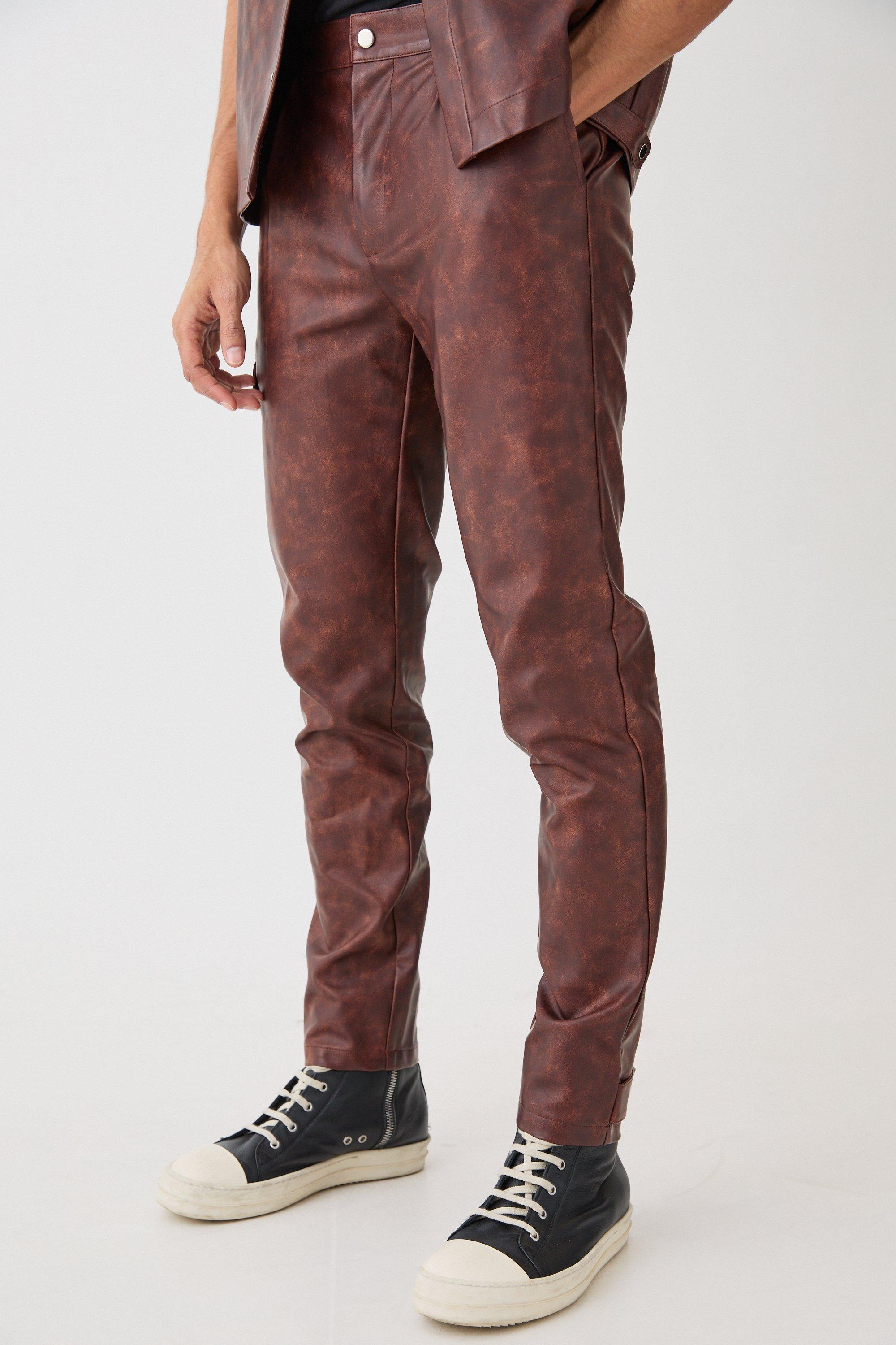 Mens Orange Fixed Waist Slim Ombre Pu Trouser, Orange