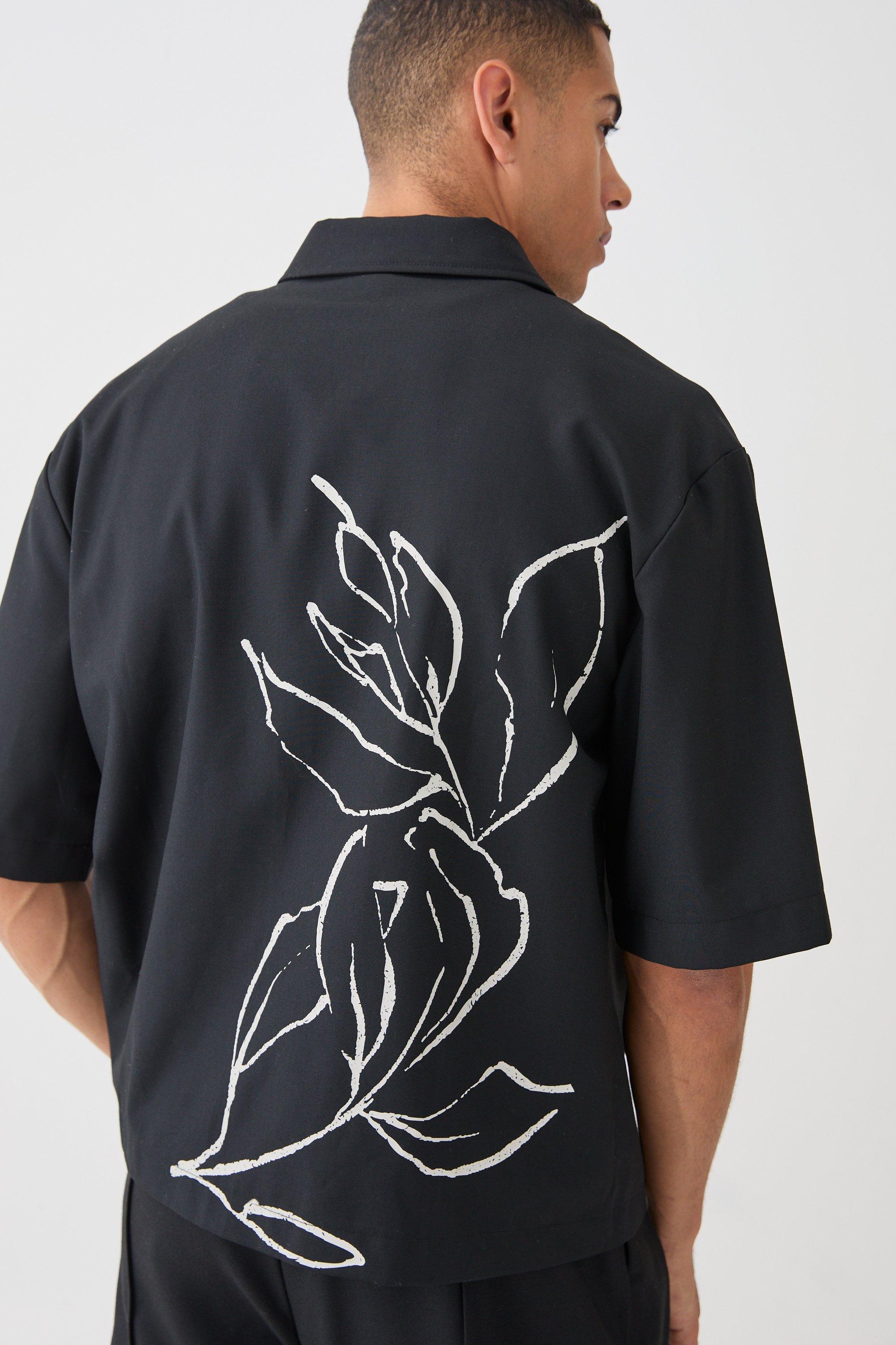 Mens Black Oversized Stretch Floral Print Shirt, Black