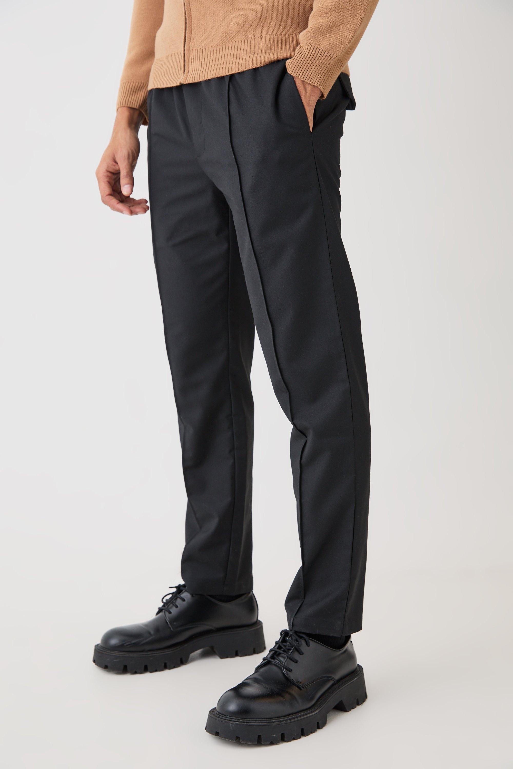 Mens Black Textured Tailored Belted Relaxed Fit Trousers, Black