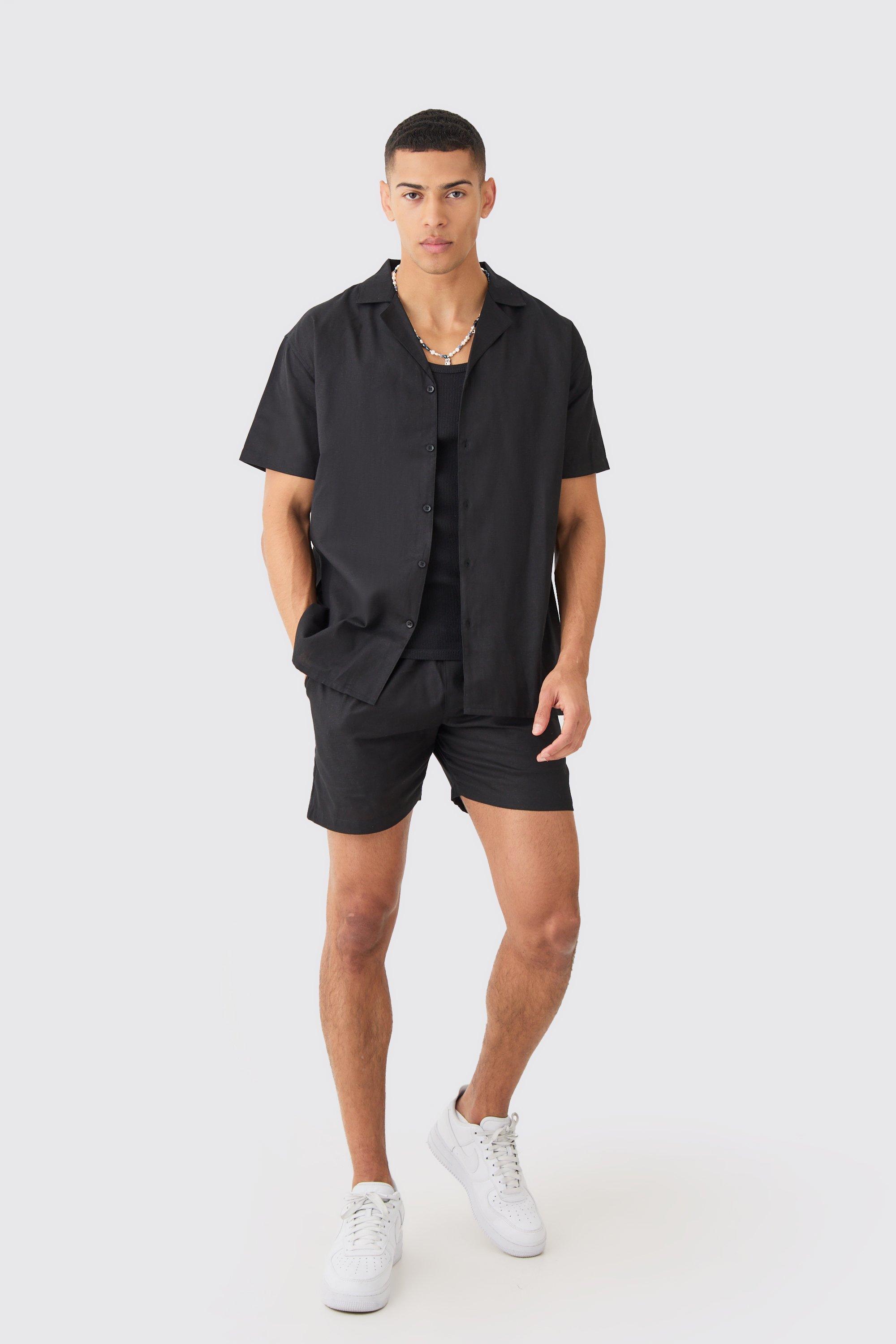 Mens Black Short Sleeve Oversized Linen Shirt & Short, Black