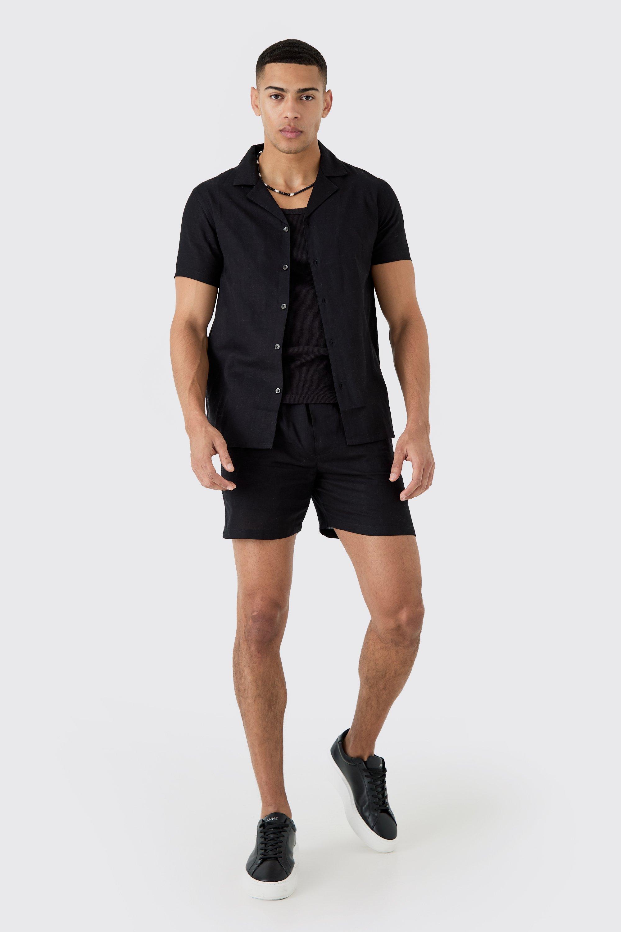 Mens Black Short Sleeve Linen Shirt & Short, Black