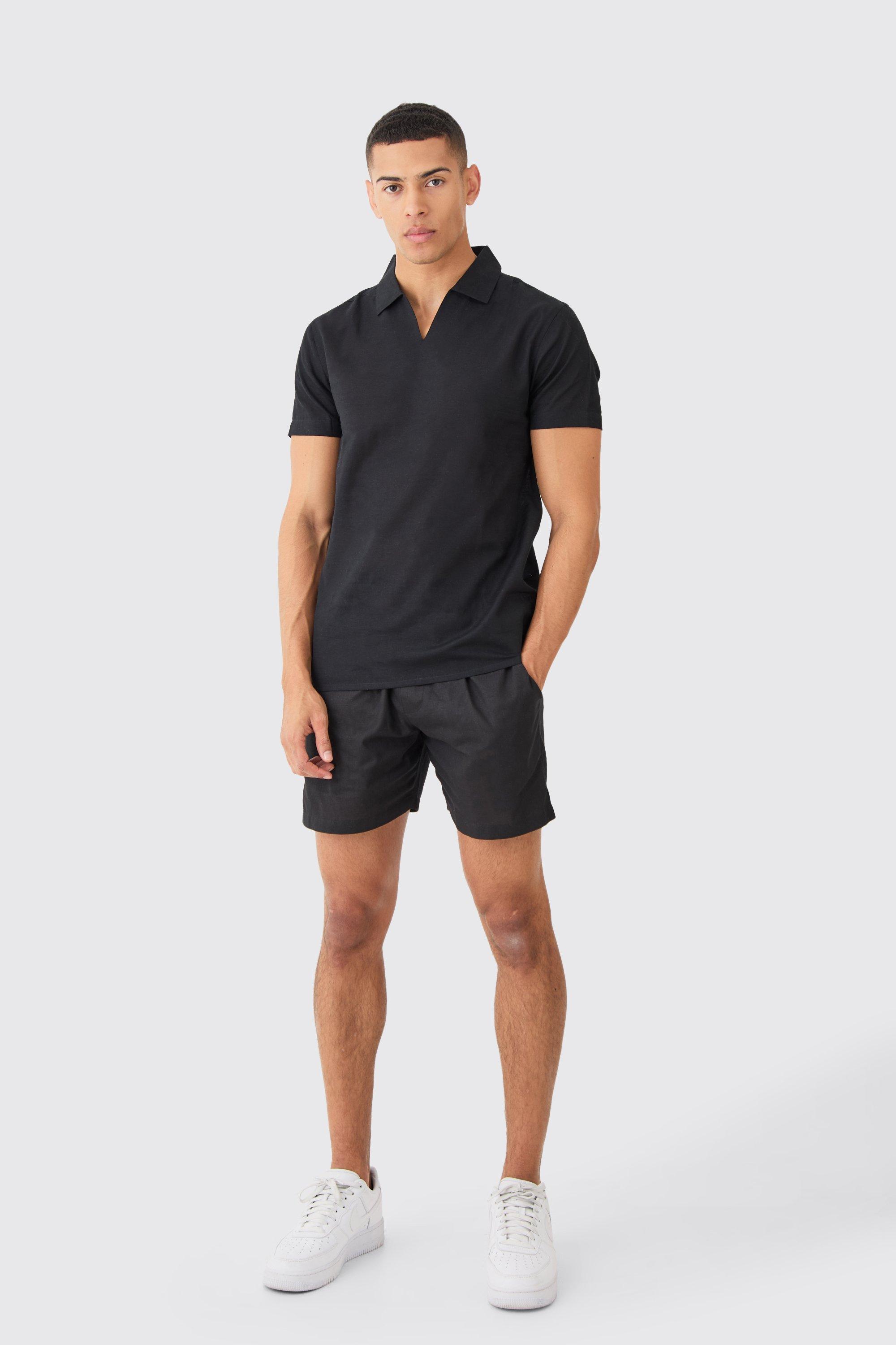 Mens Black Short Sleeve Linen Overhead V Neck Shirt, Black
