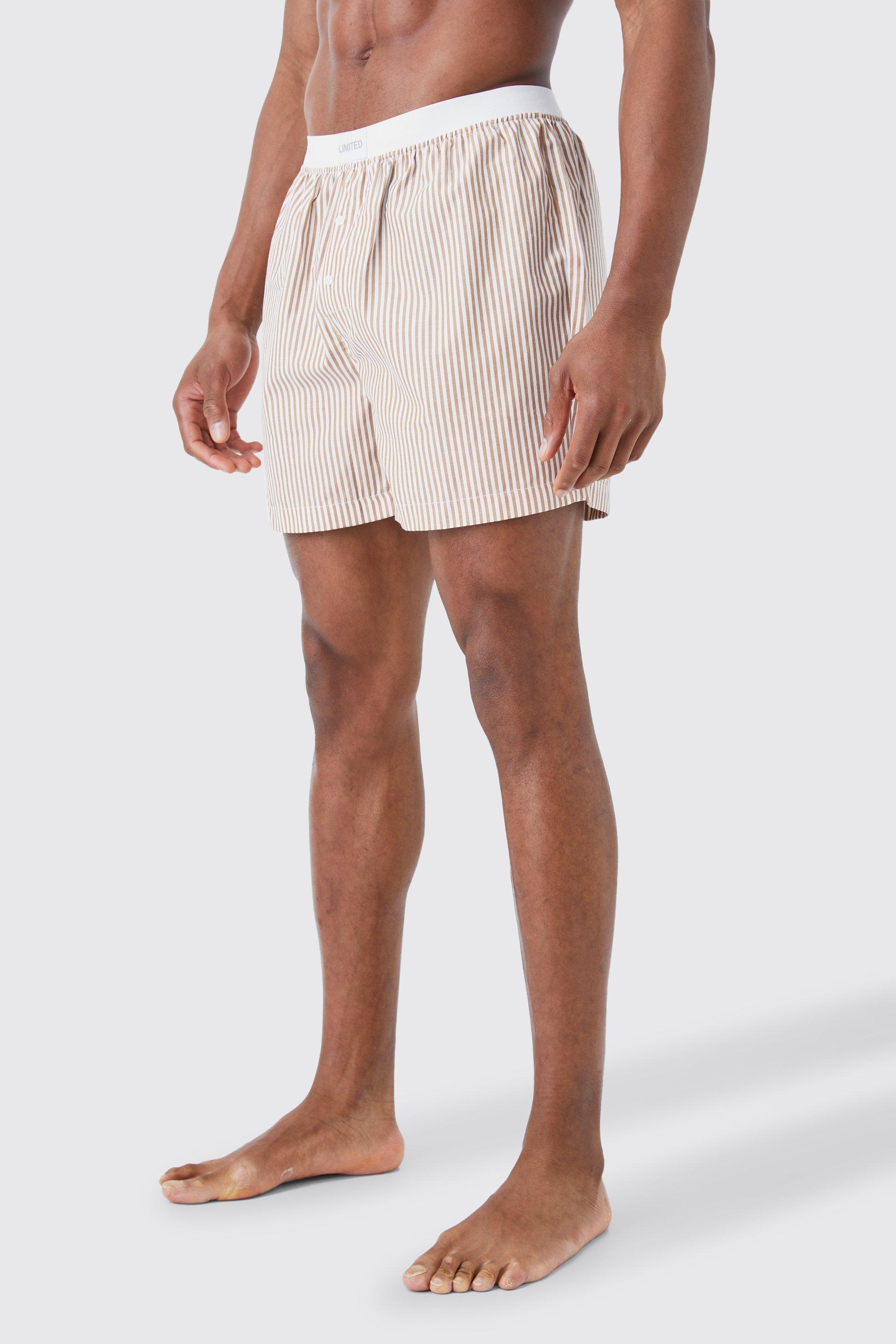 Mens Beige Limited Stripe Woven Boxer Shorts, Beige
