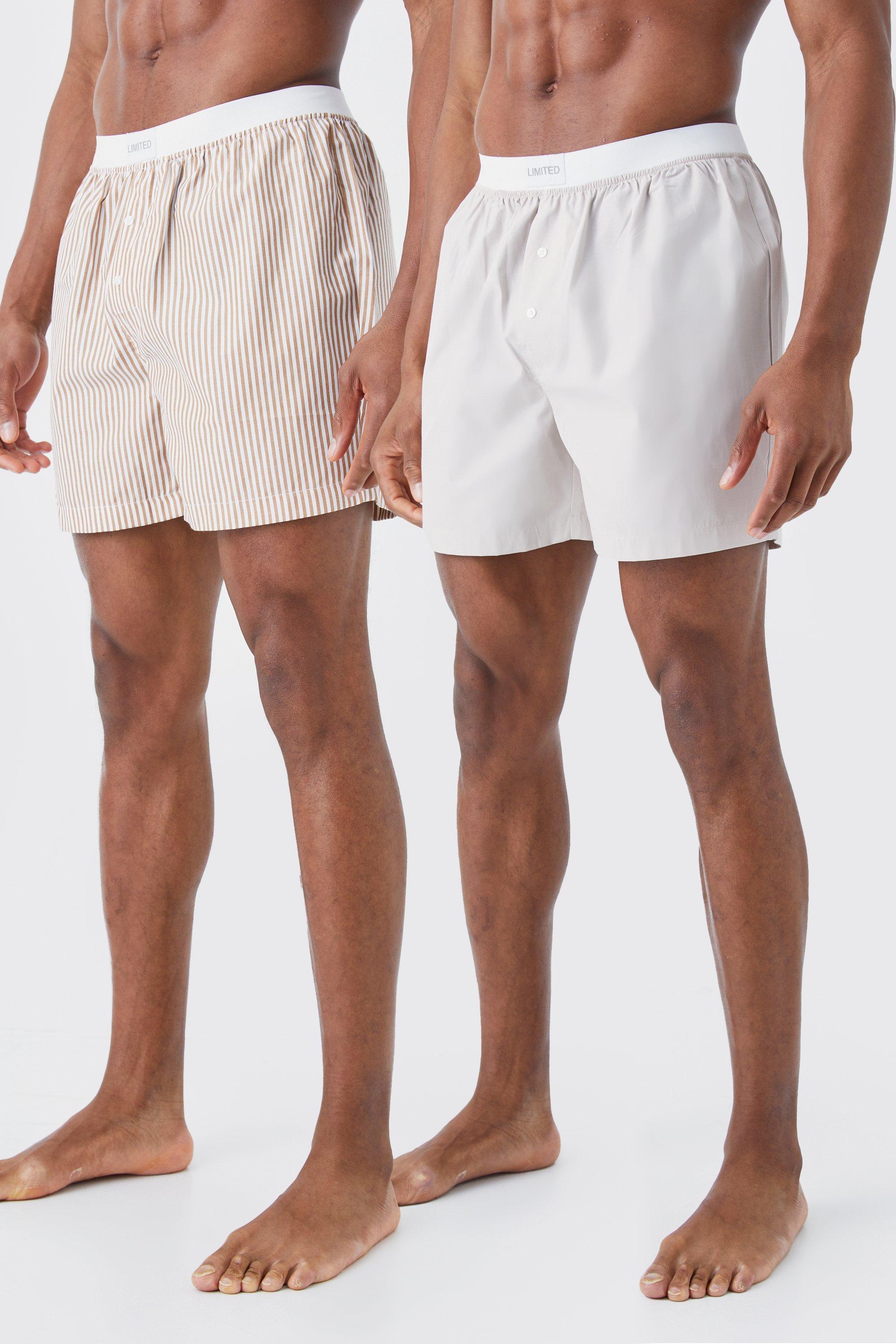 Mens Beige 2 Pack Limited Stripe Woven Boxer Shorts, Beige