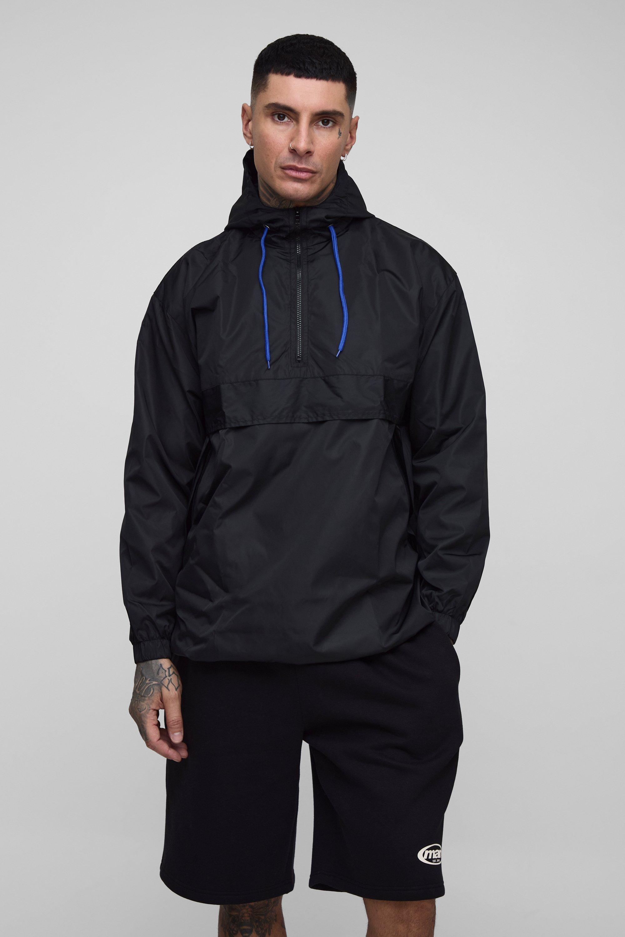 Mens Black Tall Oversized Hooded Half Zip Windbreaker, Black