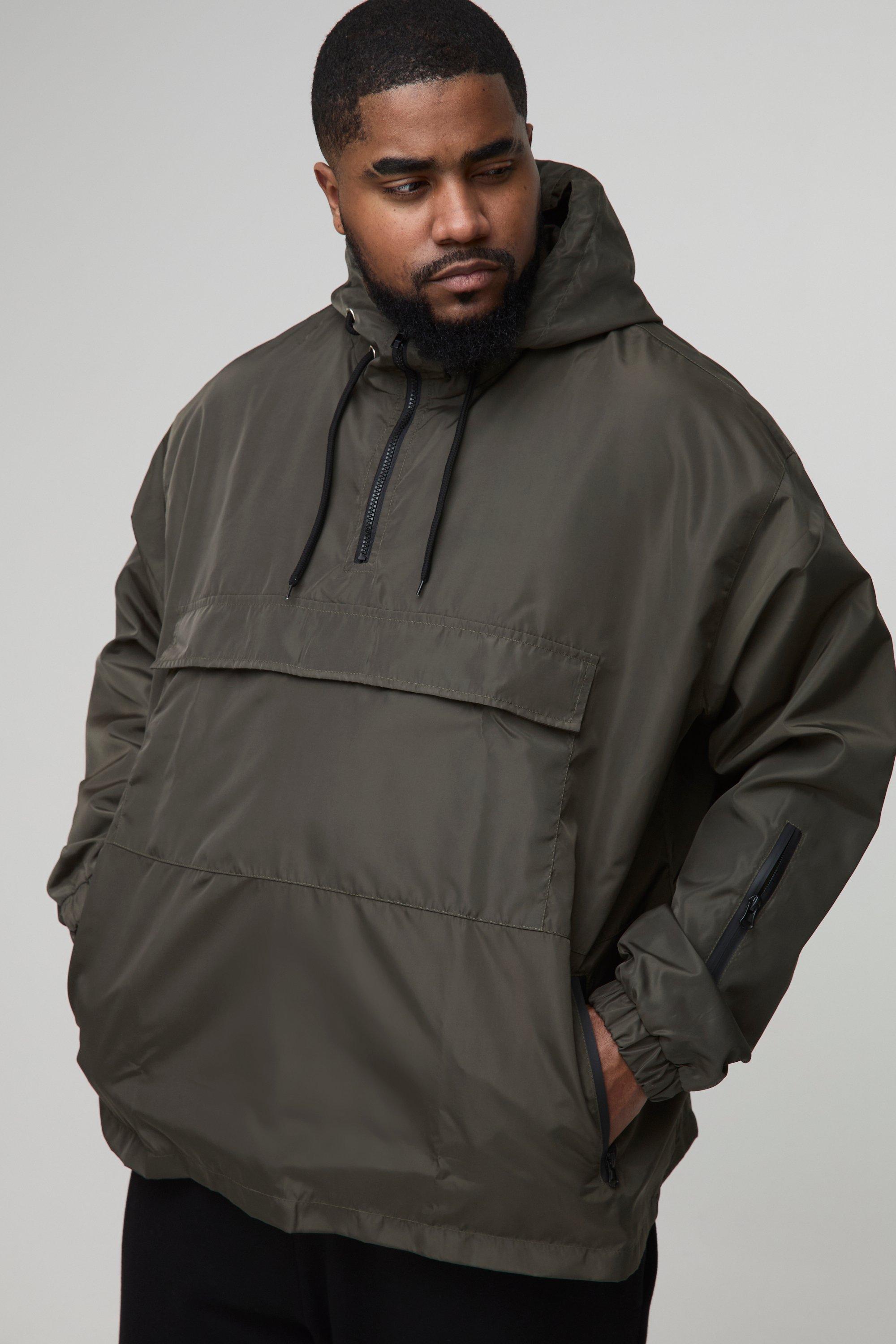 Mens Green Plus Oversized Pocket Hooded Half Zip Windbreaker, Green