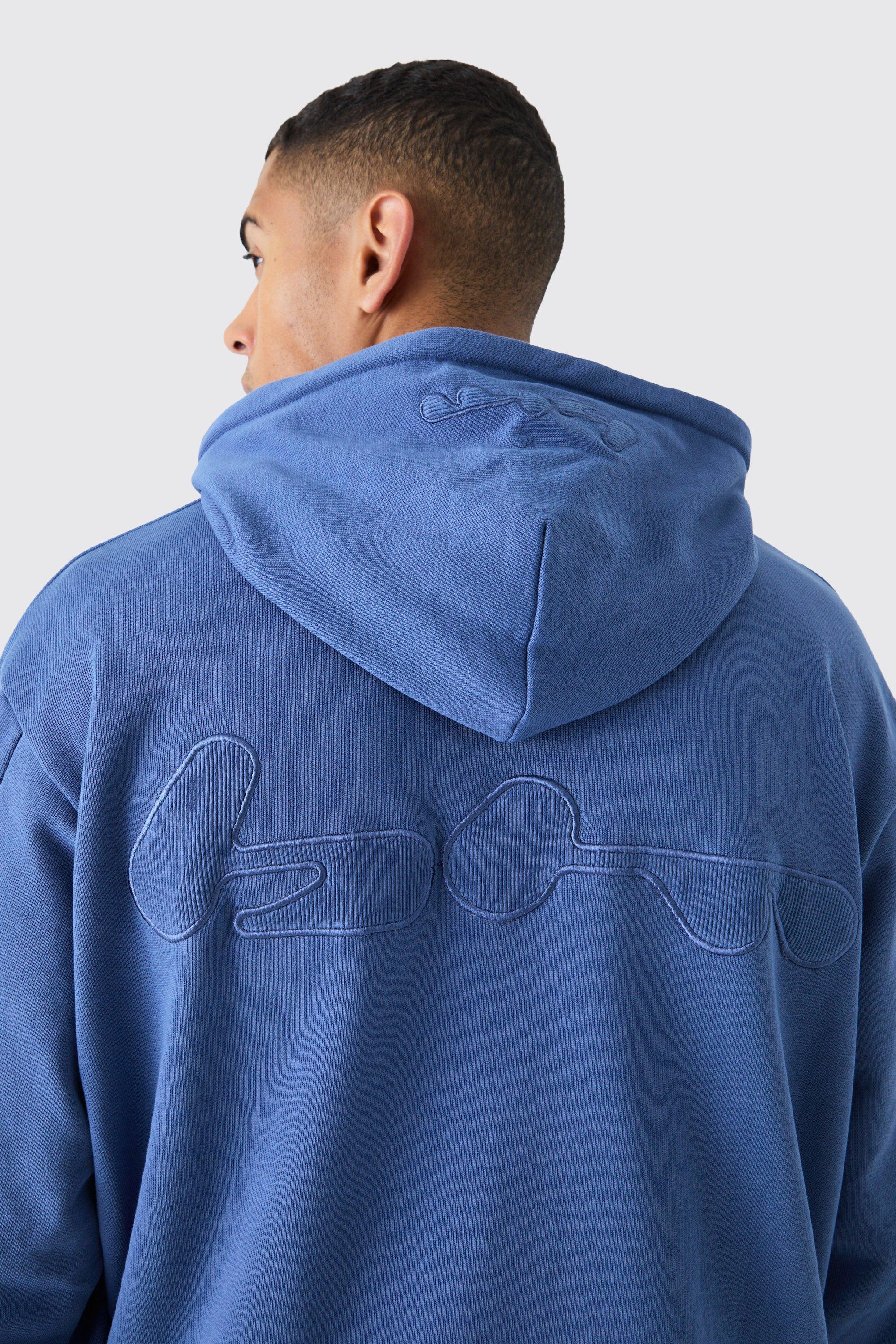 Mens Blue Oversized Loopback Ribbed Applique Hoodie, Blue