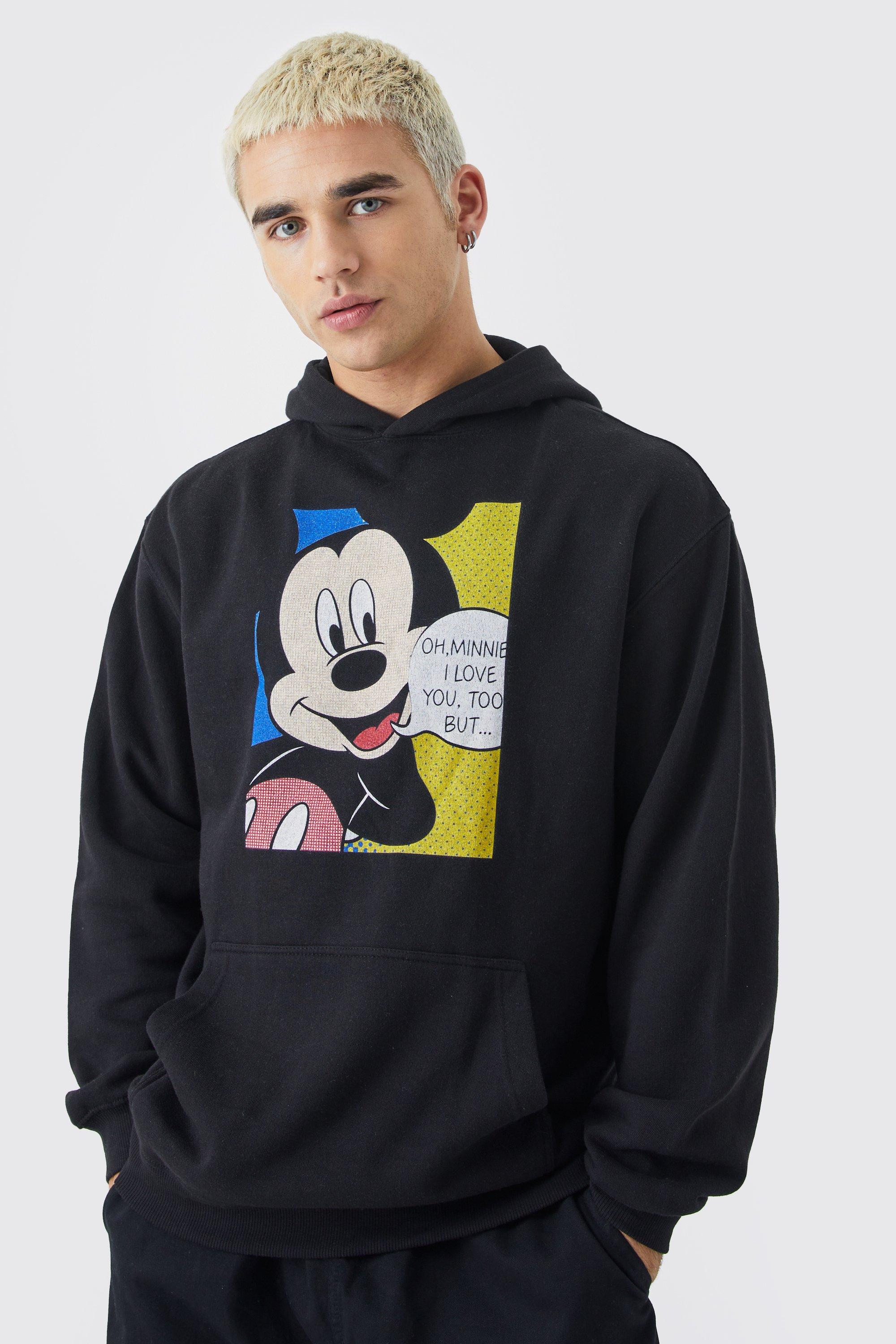 Mens Black Oversized Mickey Mouse License Hoodie, Black