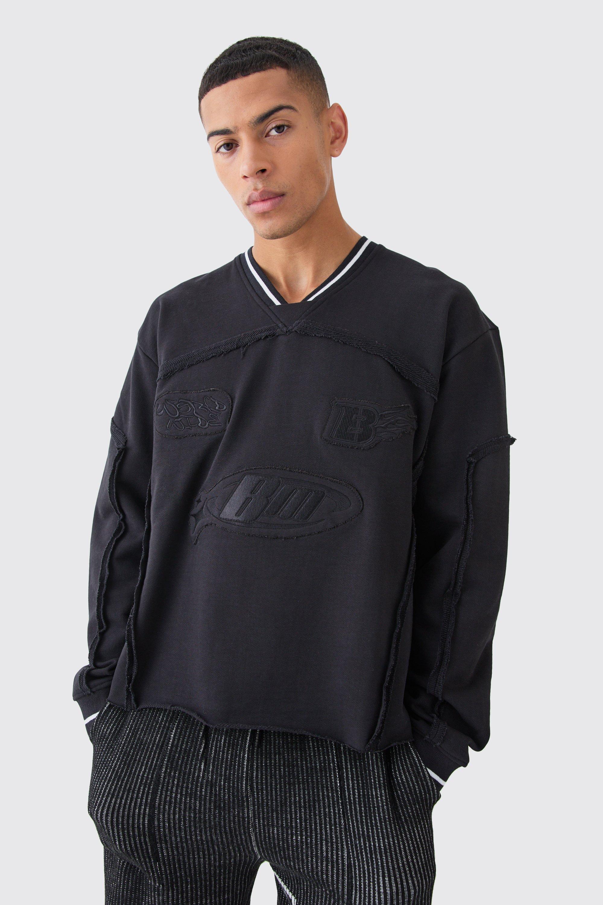 Mens Black Oversized Boxy Embroidered Sports Rib Sweatshirt, Black